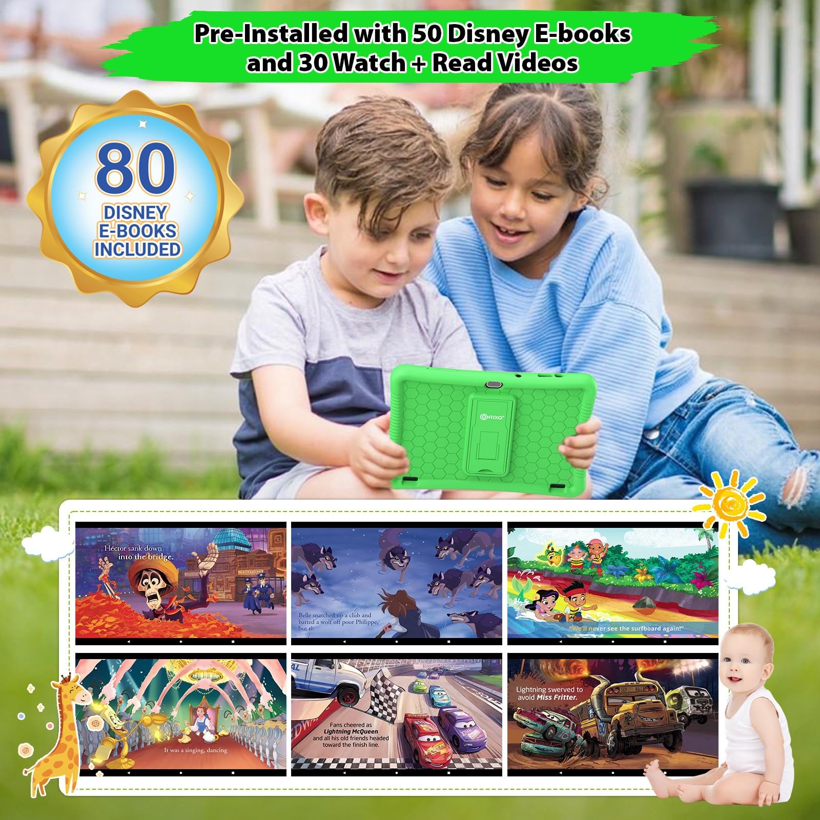Contixo 10' Android Kids Tablet 32Gb, Includes 80+ Disney Storybooks & Stickers, Parental Controls, Kid Proof Case With Kickstand & Stylus, (2024 Model)   Green