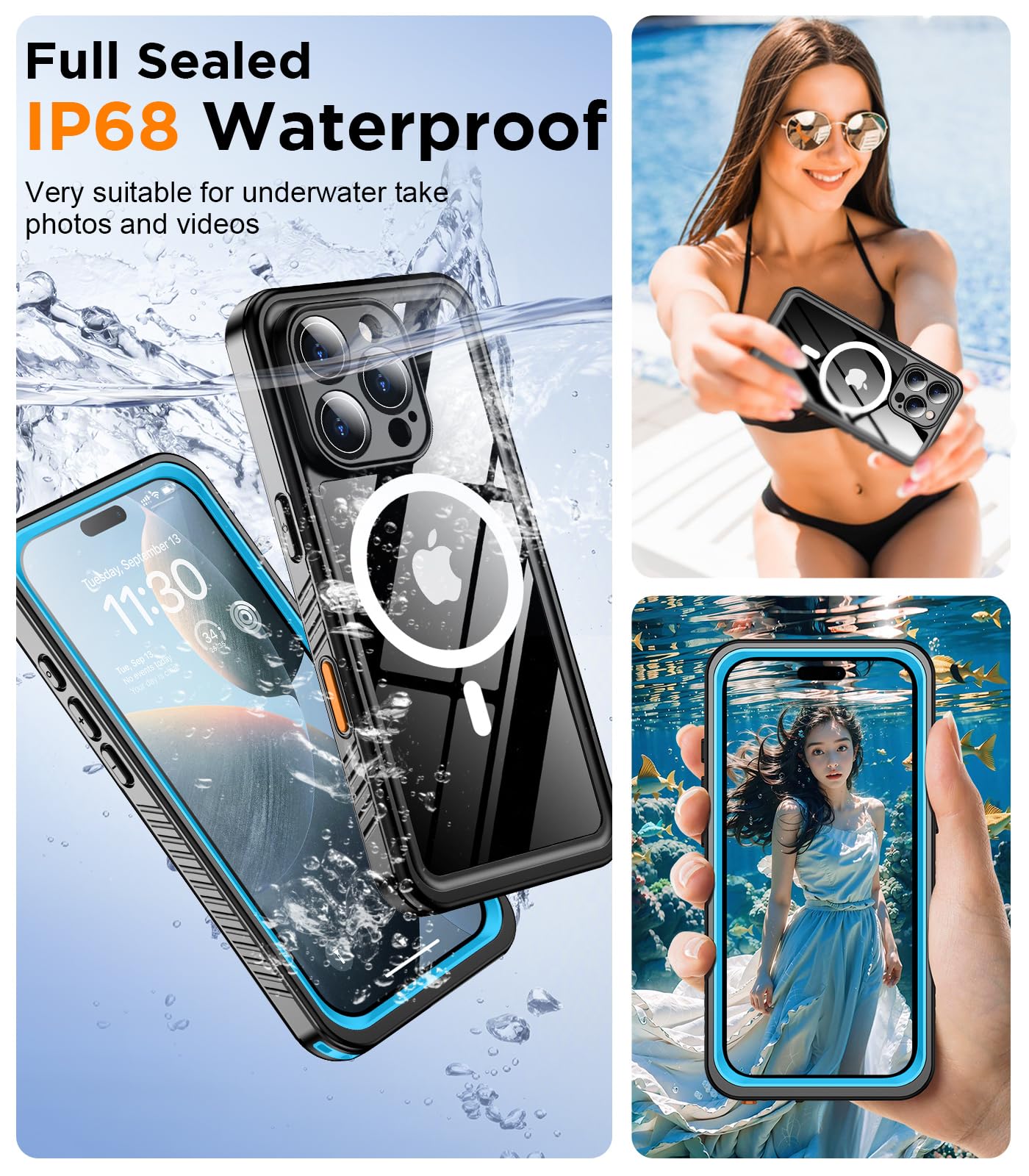 Temdan Magnetic For Iphone 16 Pro Case Waterproof,Built In Screen Protector[Ip68 Underwater][Upgrade Military Dropproof][Compati
