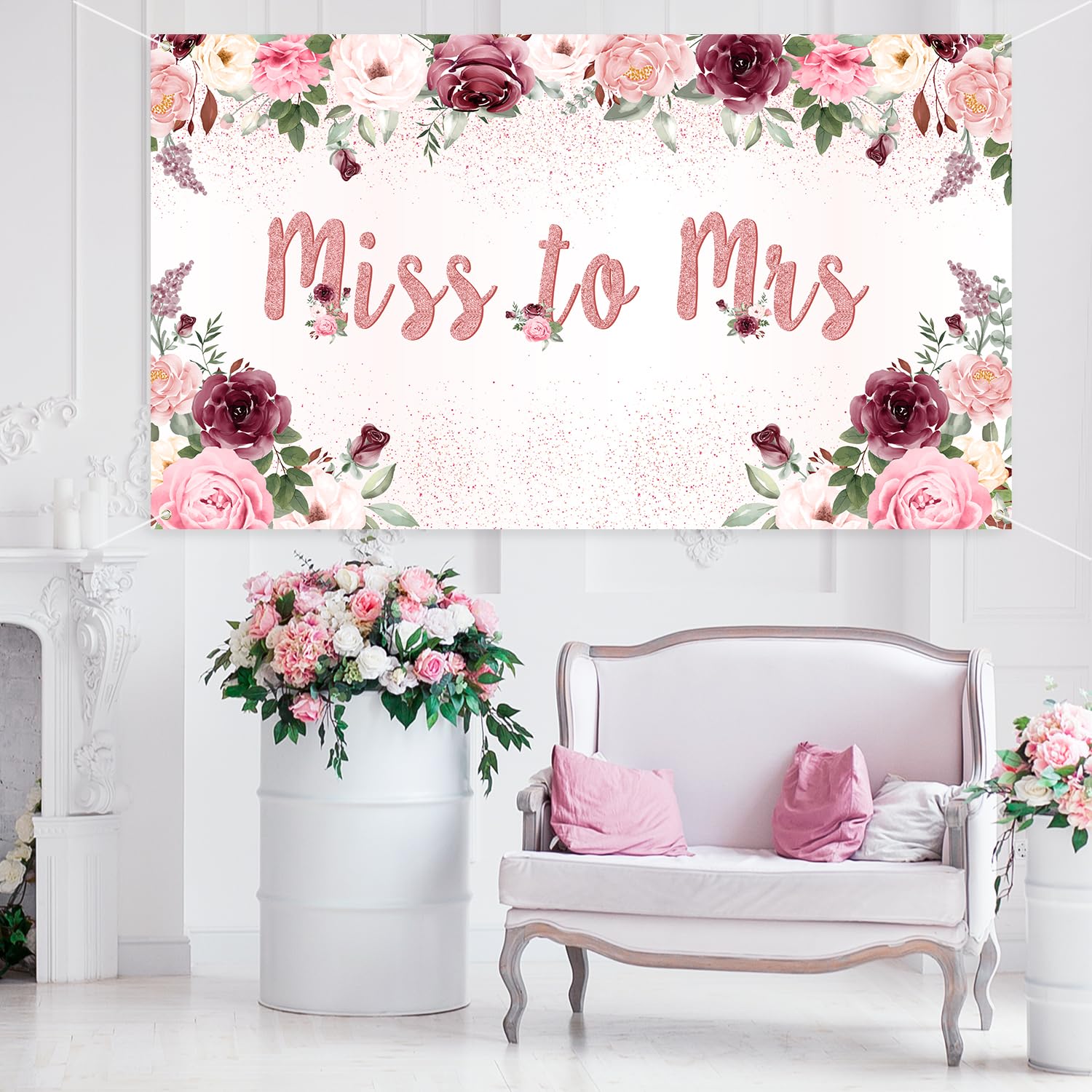 Watinc Xtralarge Miss To Mrs Bridal Shower Backdrop Banner Decorations, Pink Floral Rose Gold Glitters Confetti Decors, Wedding