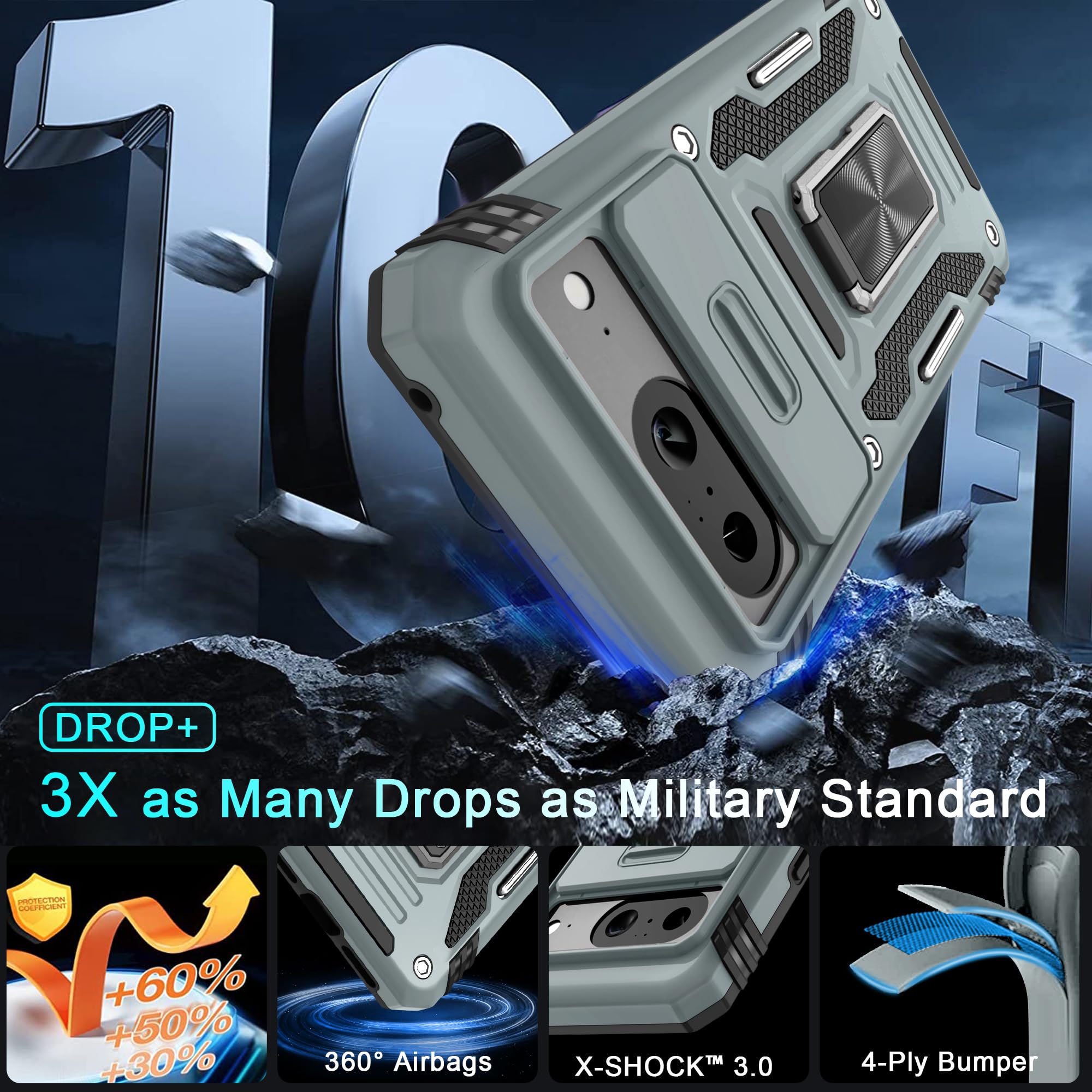 Deerlamn Case For Google Pixel 8 With Slide Camera Cover+Screen Protector (1 Pack), Rotated Ring Kickstand Military Grade Shockp