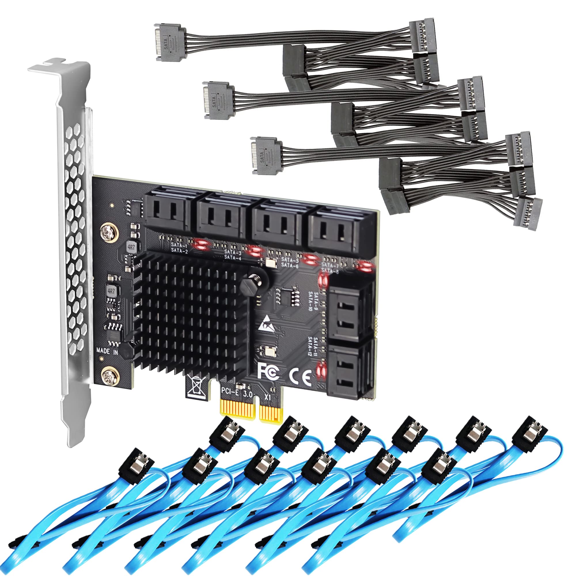 Glotrends Sa3112J 12 Ports Pcie Sata Expansion Card, Including Sata Cables And 1:5 Sata Splitter Power Cable, Compatible With Wi
