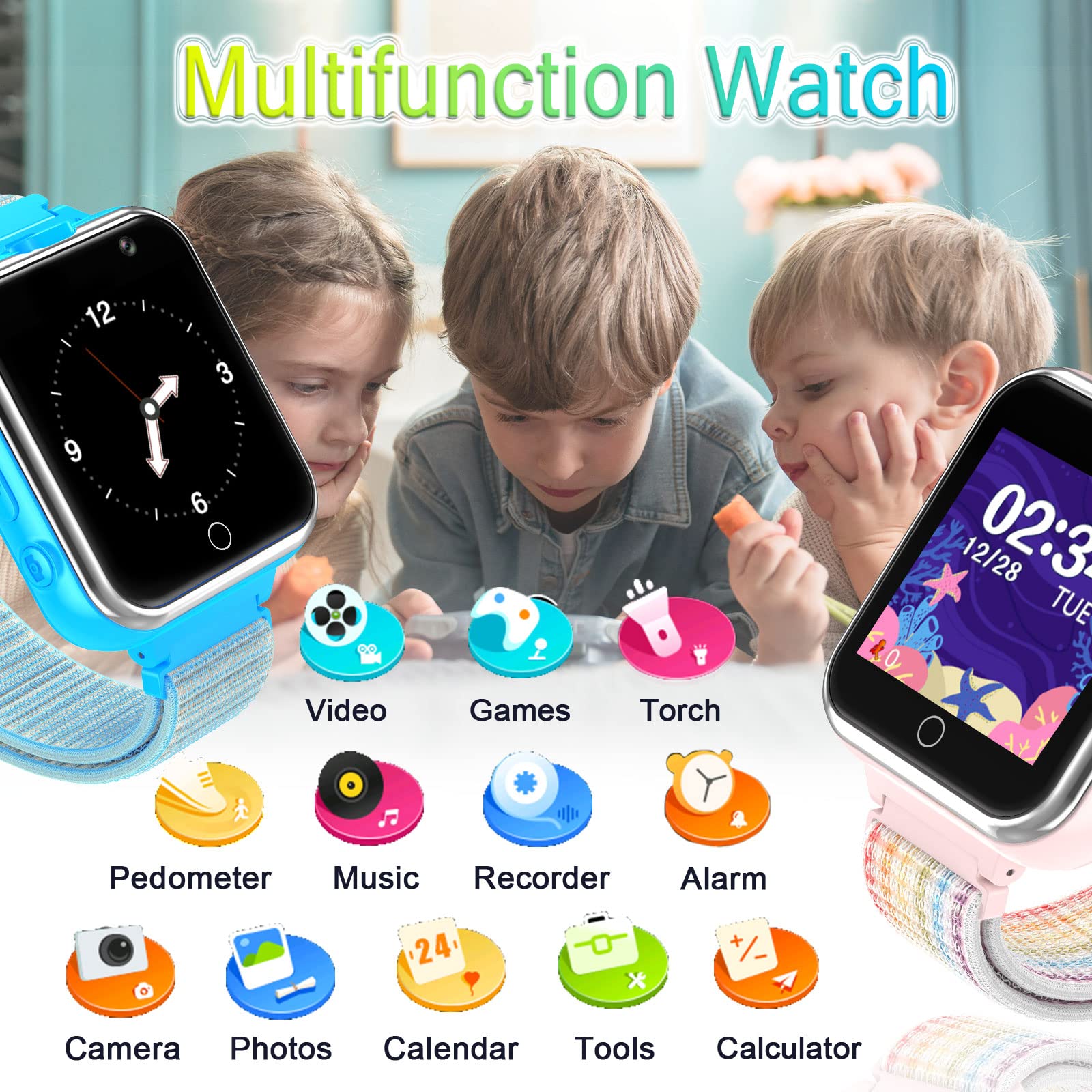 Pthtechus Kids Smart Watch, Smartwatch For Boys Girls Age 4 12 With 24 Puzzle Games 2 Hd Cameras Hd Touchscreen Mp3 Music Player