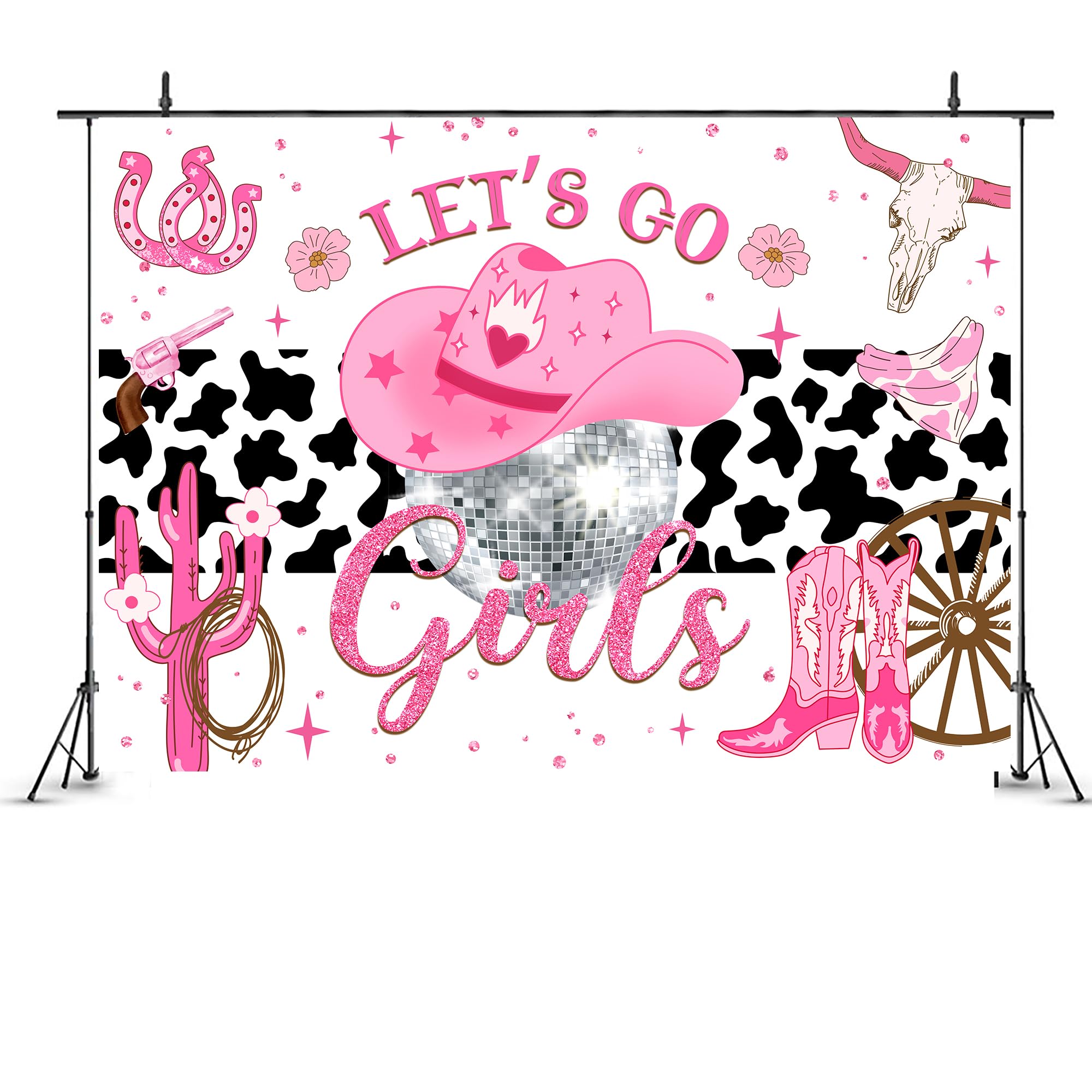 Ufeela Cowgirl Backdrop For Girl Western Pink Disco Birthday Decor Let'S Go Rustic Cow Print Party Banner Cactus Hat Boots Wild