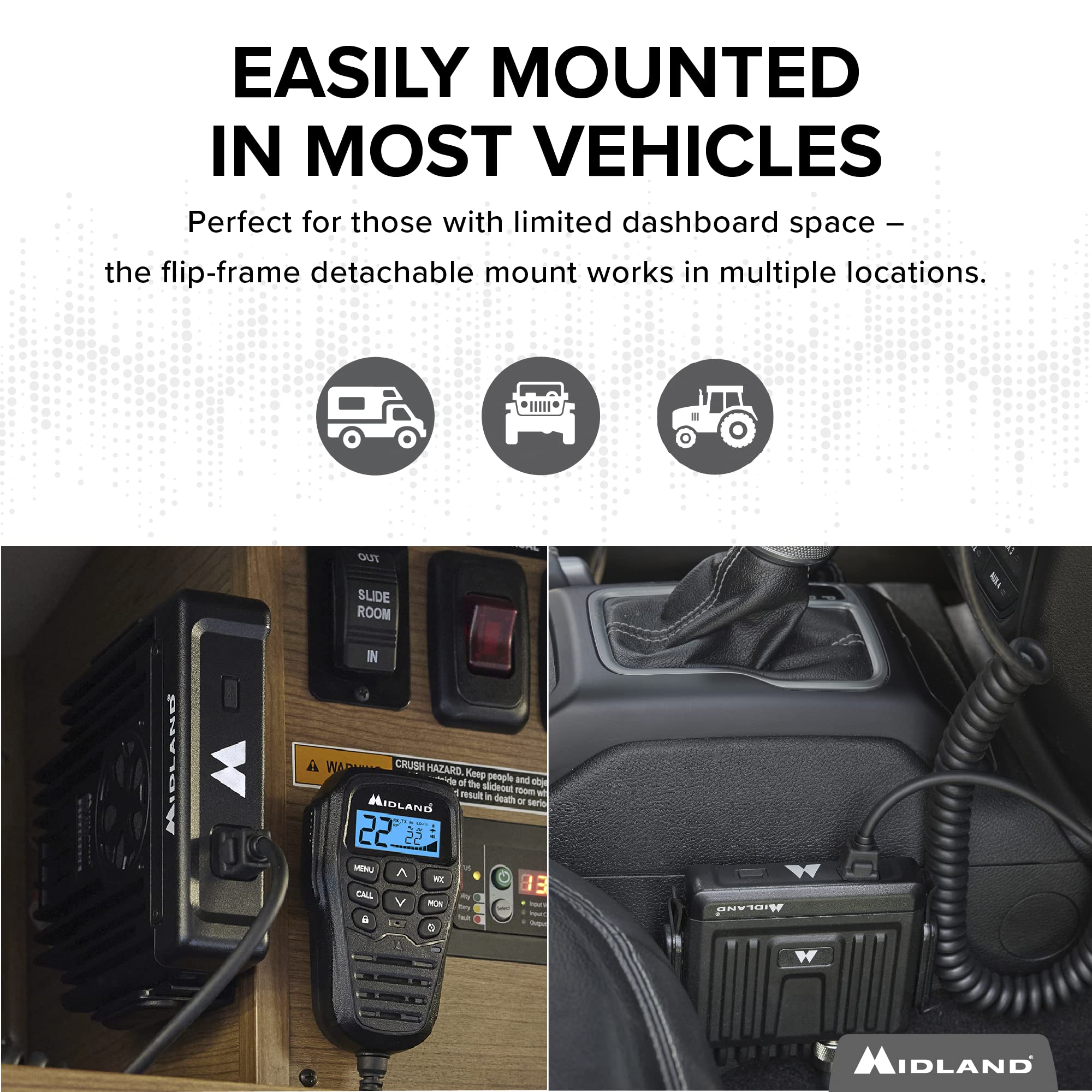 Midland � Mxt275 Micromobile� Gmrs Radio � 15 Watts Two Way Radio With Integrated Control Microphone � Overland Caravanning Tractors � Detachable External Magnetic Mount Antenna   8 Repeater Channels