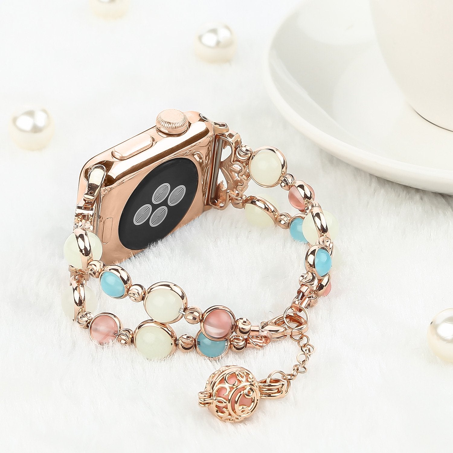 Tilon For Apple Watch Band 38Mm 40Mm Series 5/4/3/2/1, Adjustable Wristband Handmade Night Luminous Pearl Iwatch Bracelet With E