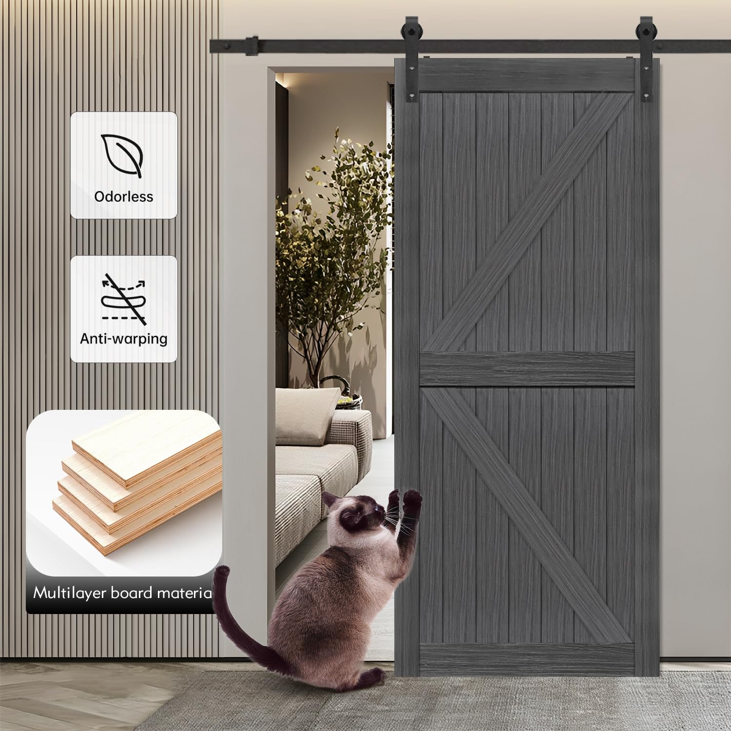 S&Z Tophand 38 In X 84 In Deep Gray British Brace Knotty Barn Door With 6.6Ft Sliding Door Hardware Kit/Double  Sided Door Handl