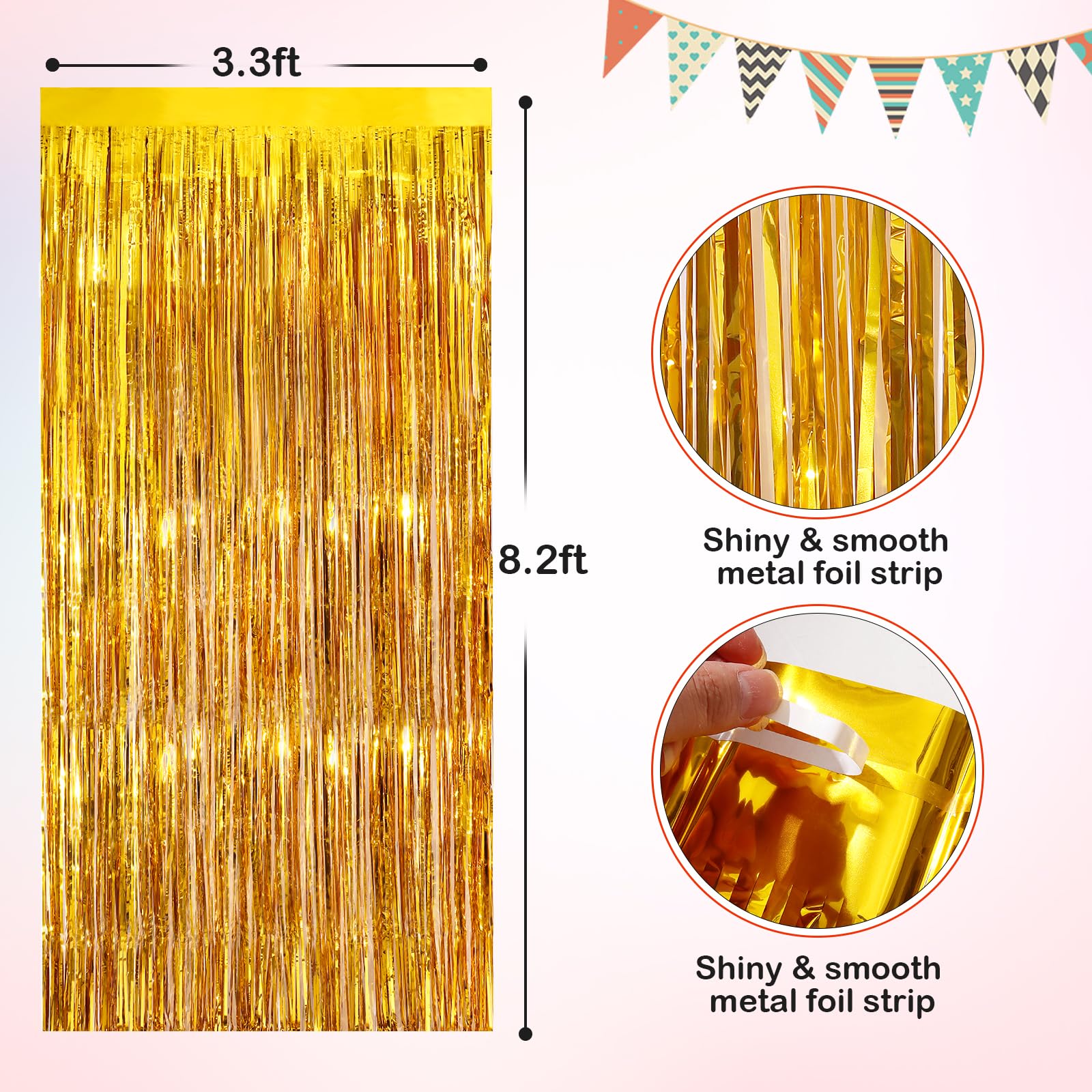 Gold Metallic Tinsel Foil Fringe Curtains, 2 Pack 3.3X8.3 Feet Party Streamer Curtains For Birthday Party Decorations, Halloween