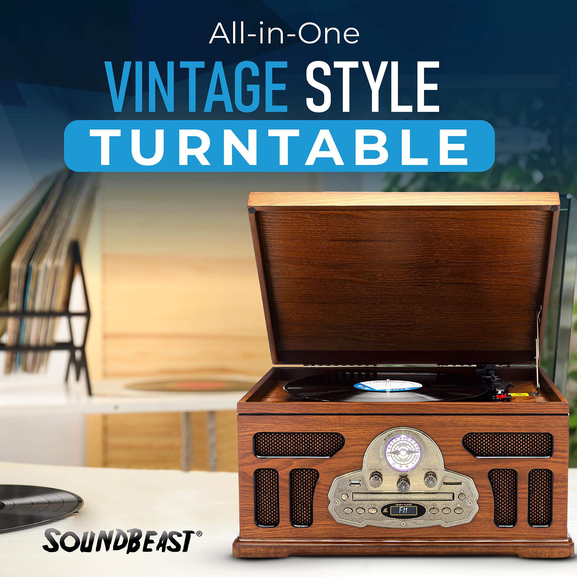 Soundbeast All In One Turntable With 3 Speed Record Player, Bluetooth, Cd, Cassette Tape, Am/Fm Radio, Usb, Built In Speakers, H