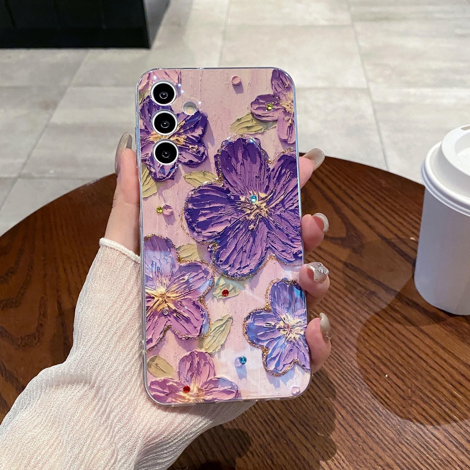 Leleyun Case For Samsung Galaxy S24 Plus, Retro Oil Painting Printed Flower Cute Pattern With Glitter Gem Phone Cover Durable Tp