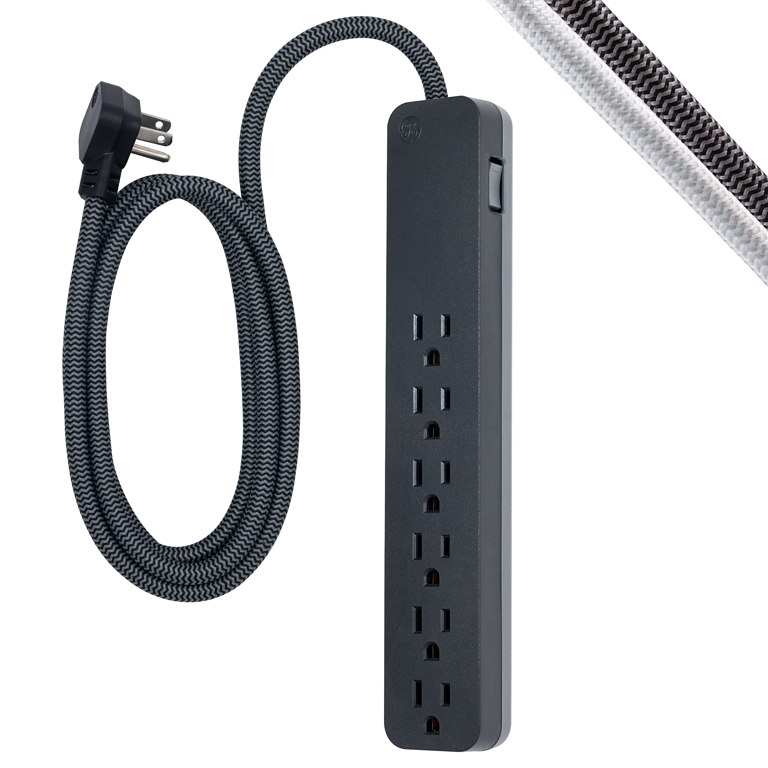 Ge Ultrapro 6 Outlet Surge Protector, 6 Ft Designer Braided Extension Cord, 560 Joules, Flat Plug, Wall Mount, Ul Listed, Black,