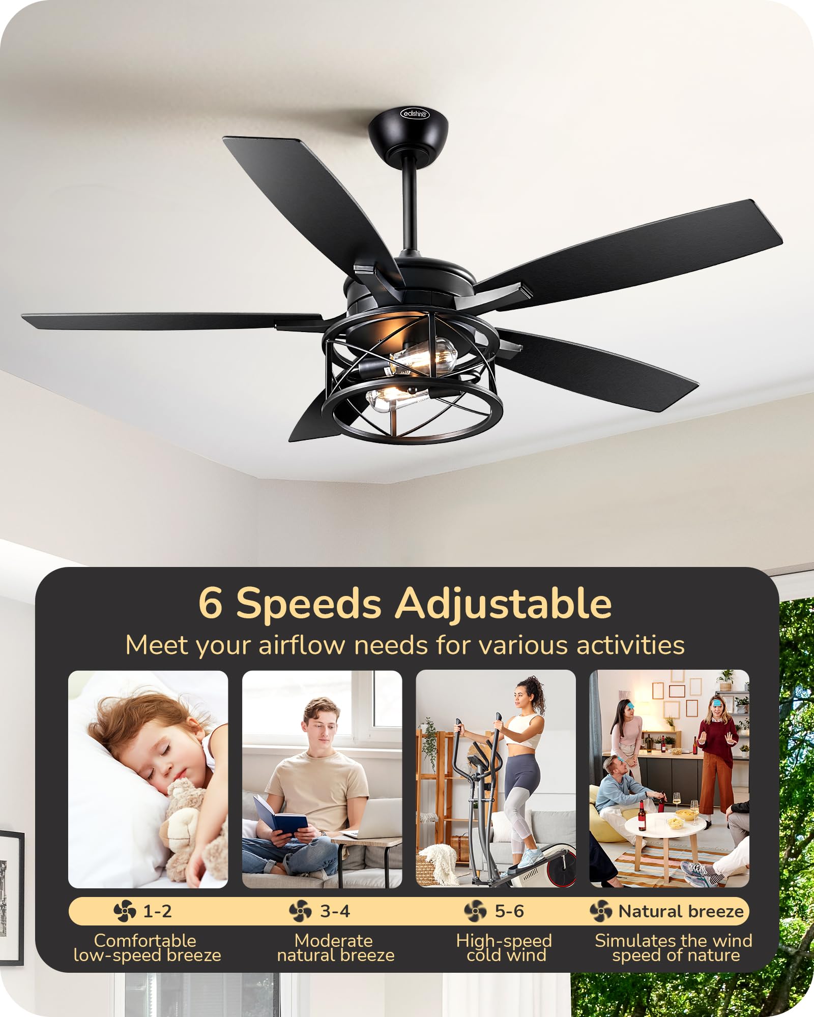 Edishine 52'' Black Farmhouse Ceiling Fans With Lights, Rustic Indoor/Outdoor Ceiling Fan With Light And Remote, Reversible Dc M