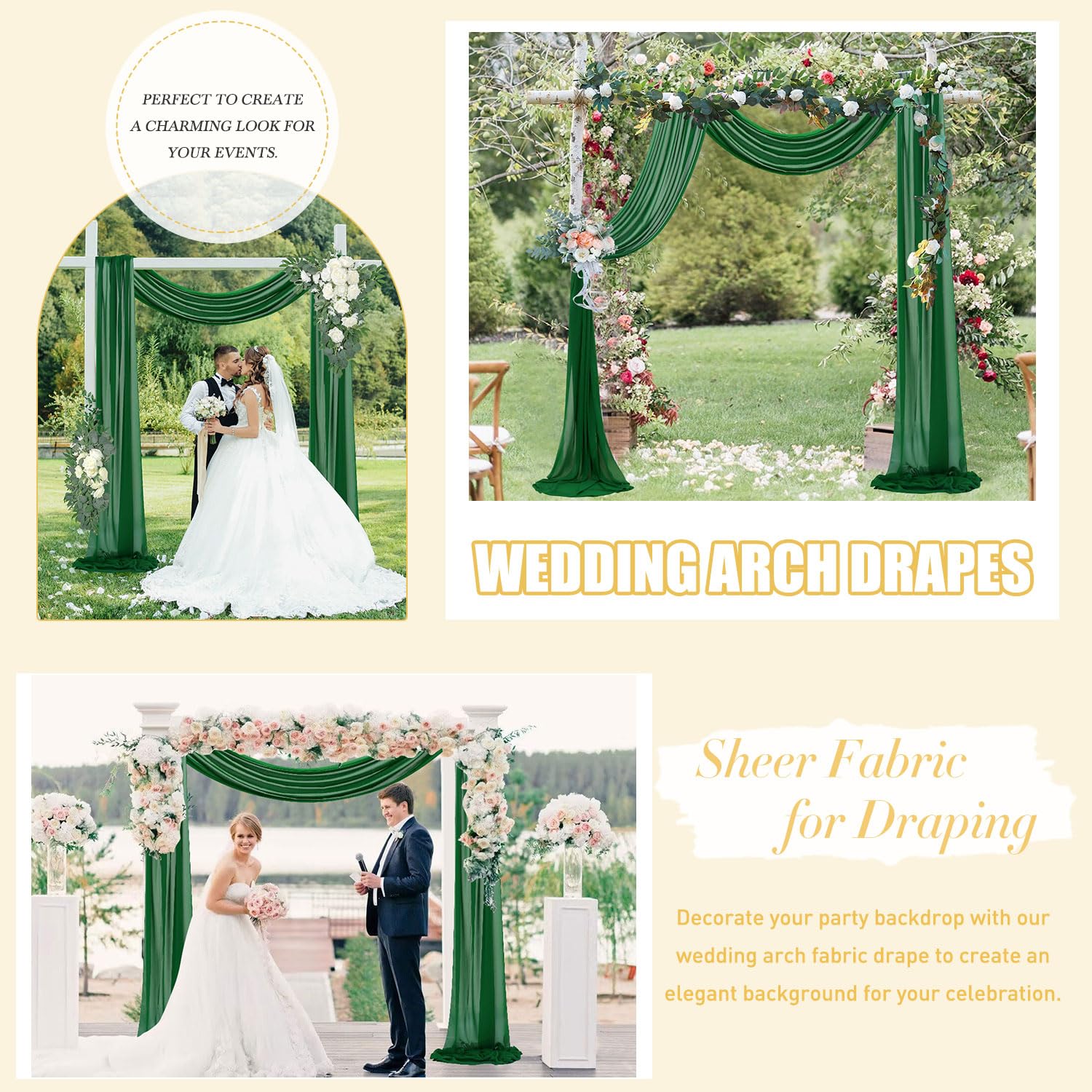 Fuhsy Wedding Arch Draping Fabric 18Ft 2 Panels Emerald Green Chiffon Fabric Drapery Sheer Curtains For Backdrop Green Drapes Tu