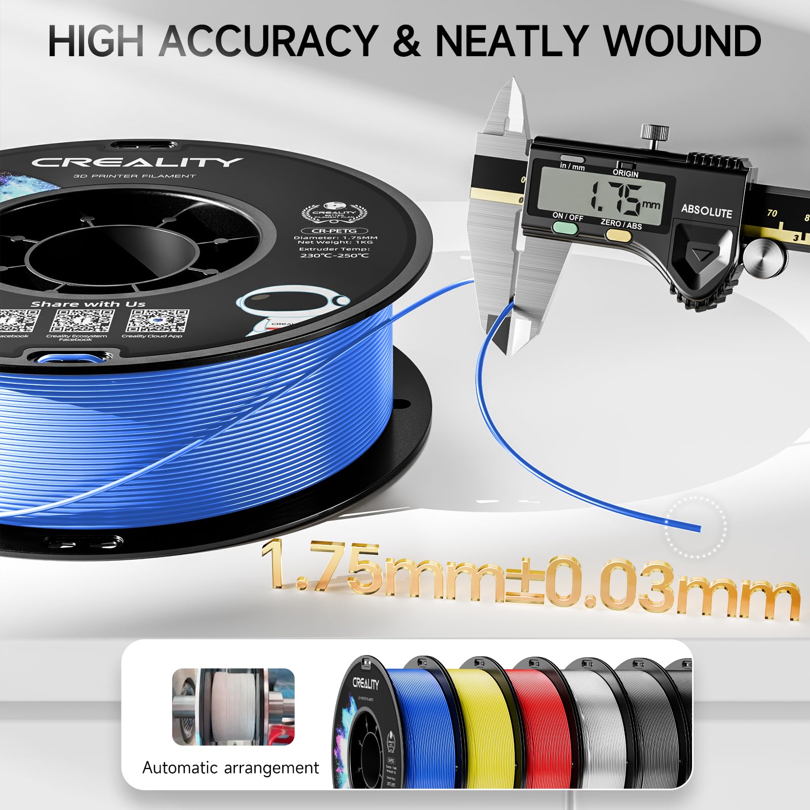 Official Cr Petg 3D Printer Filament 1.75Mm 1Kg (2.2Lbs), High Precision Strong Toughness, Odorless Better Flow Moistureproof 3D