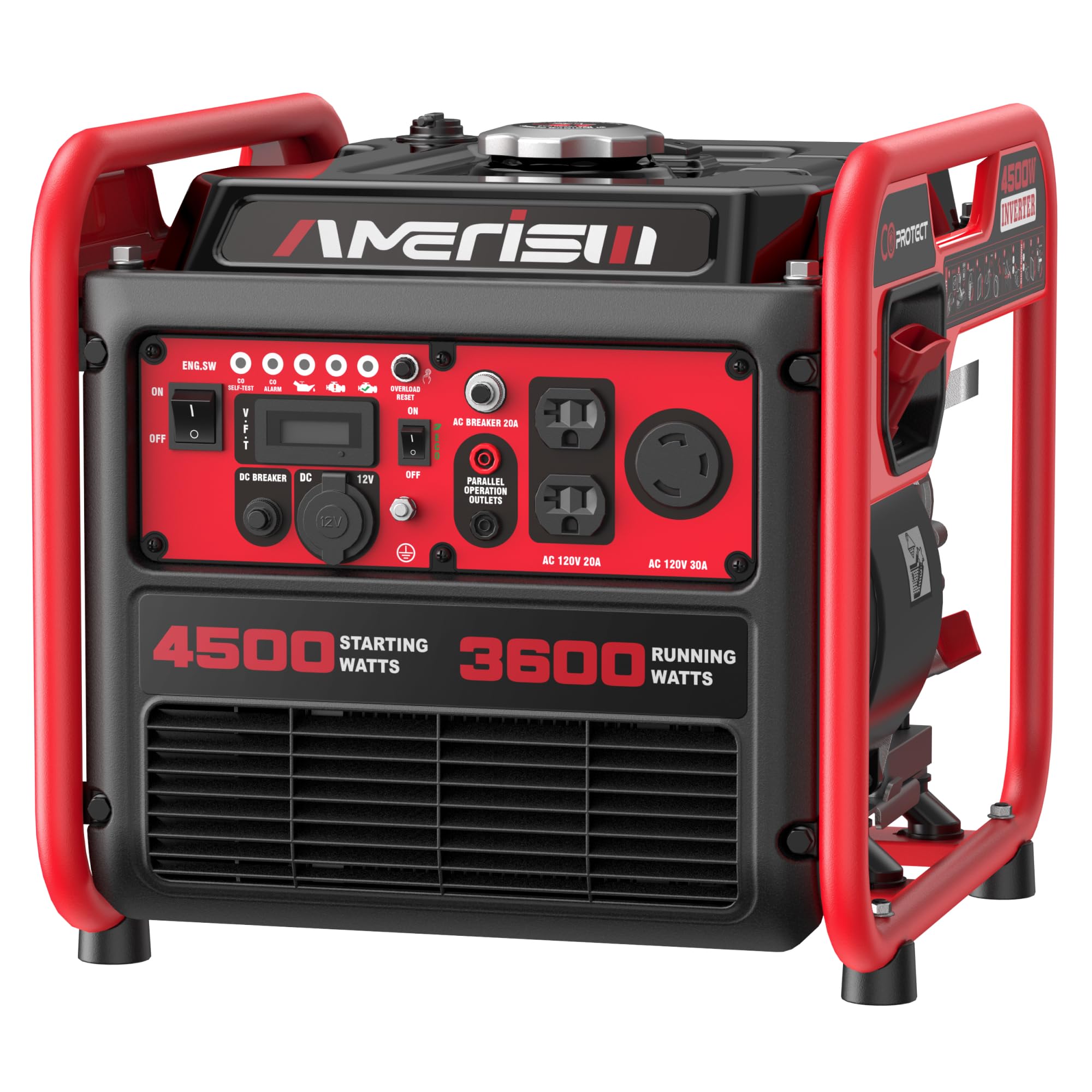 AMERISUN Gas Powered Generator 4500-Watt, Portable Inverter Generator with CO-Sensor, Parallel Capable Long Run Time for Camping