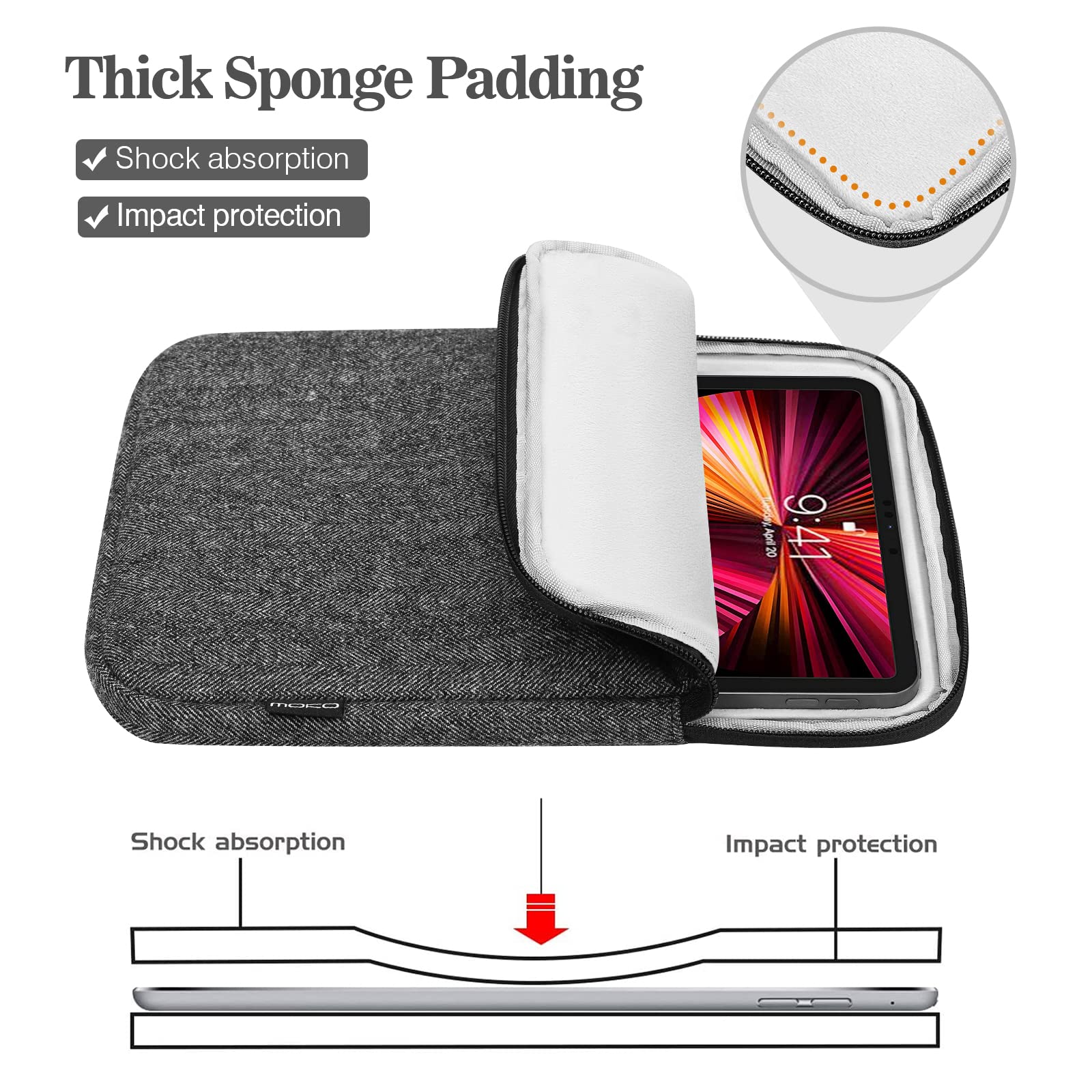 MoKo 9 11 Inch Tablet Sleeve Bag Carrying Case Fits iPad air 5 10.9' 2022, iPad Pro 11 M2 2022 2018, iPad 10th 10.9,iPad 9/8/7th Gen 10.2,iPad Air 4 10.9/Air 3 10.5,Tab S8/S9 11', Black & Gray