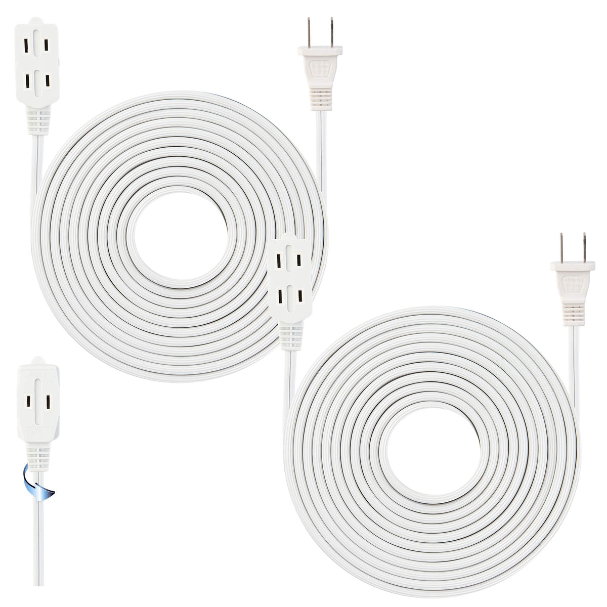 15 Feet White Extension Cord, 3 Outlet, 2 Prong, 16 Gauge Cable, 3 Receptacle Cube Tap, Indoor Use (Pack Of 2)   By Revpex