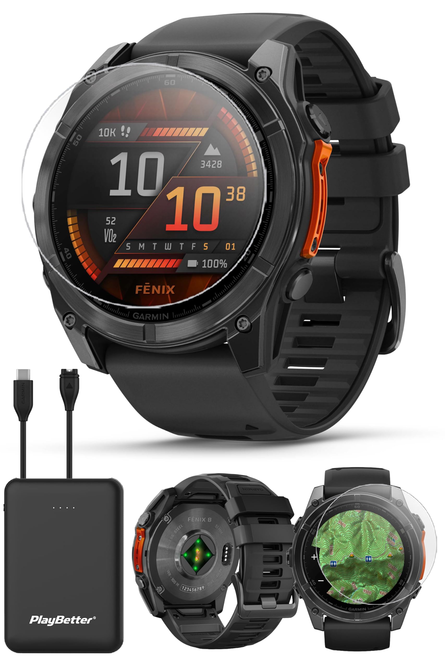 PlayBetter Garmin Fenix 8 AMOLED (51mm, Slate Gray/Black) Multisport GPS Smartwatch Bundle - 1.4    Touchscreen, Built-in LED Fl