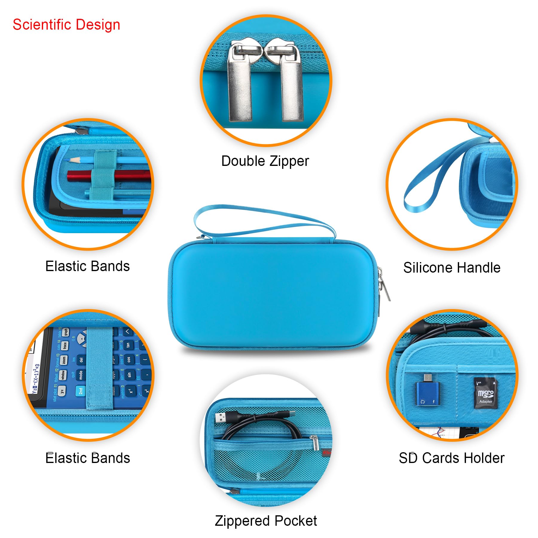 Elonbo Carrying Case For Texas Instruments Ti 84 Plus Ce/Ti 84 Plus/Ti 83 Plus Ce/Casio Fx 9750Gii Color Graphing Calculator, Extra Mesh Pocket Fits Charging Cable, Charger, Manual, Blue