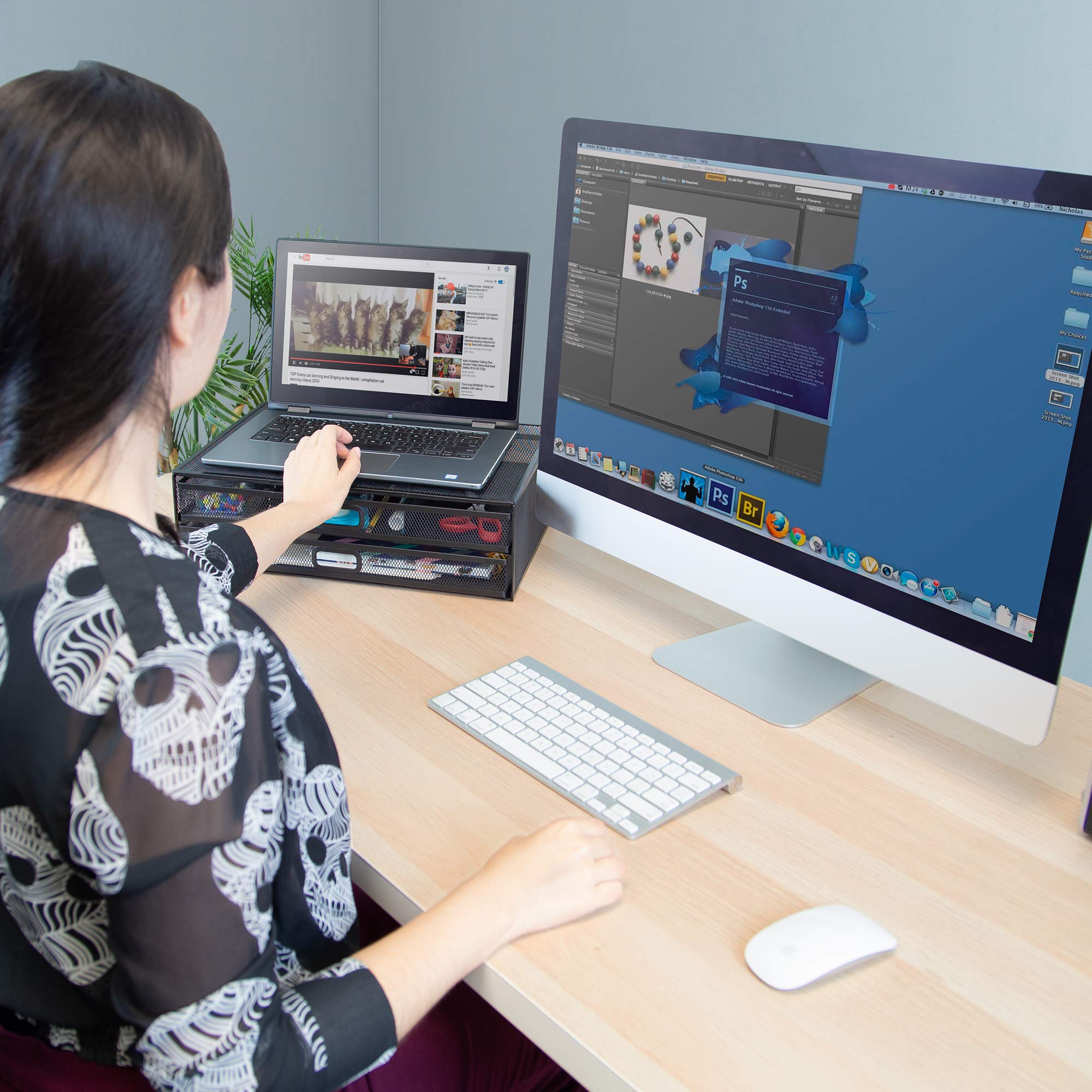 Mount It! Computer Monitor Stand With Drawers, Metal Mesh Riser And Organizer For Laptops And Computer Screens, Laptop, And Prin