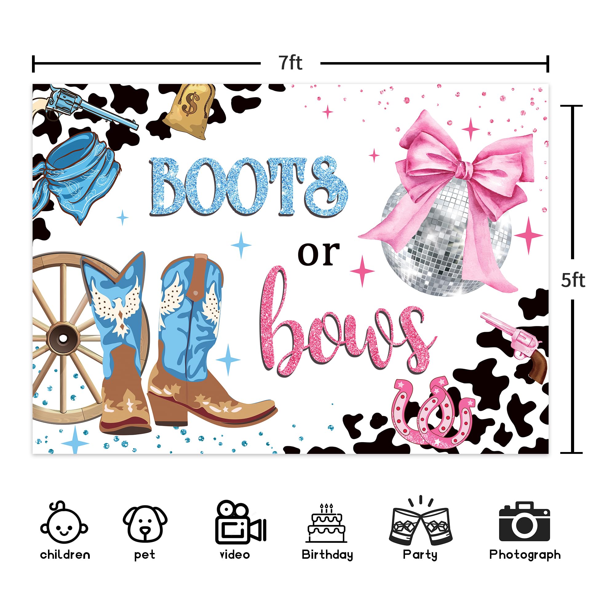 Ufeela Boots Or Bows Gender Reveal Backdrop Western Pink Blue Cowboy Cowgirl Cute Cow Print Boy Girl Disco 7Wx5H Feet Fabric Pol
