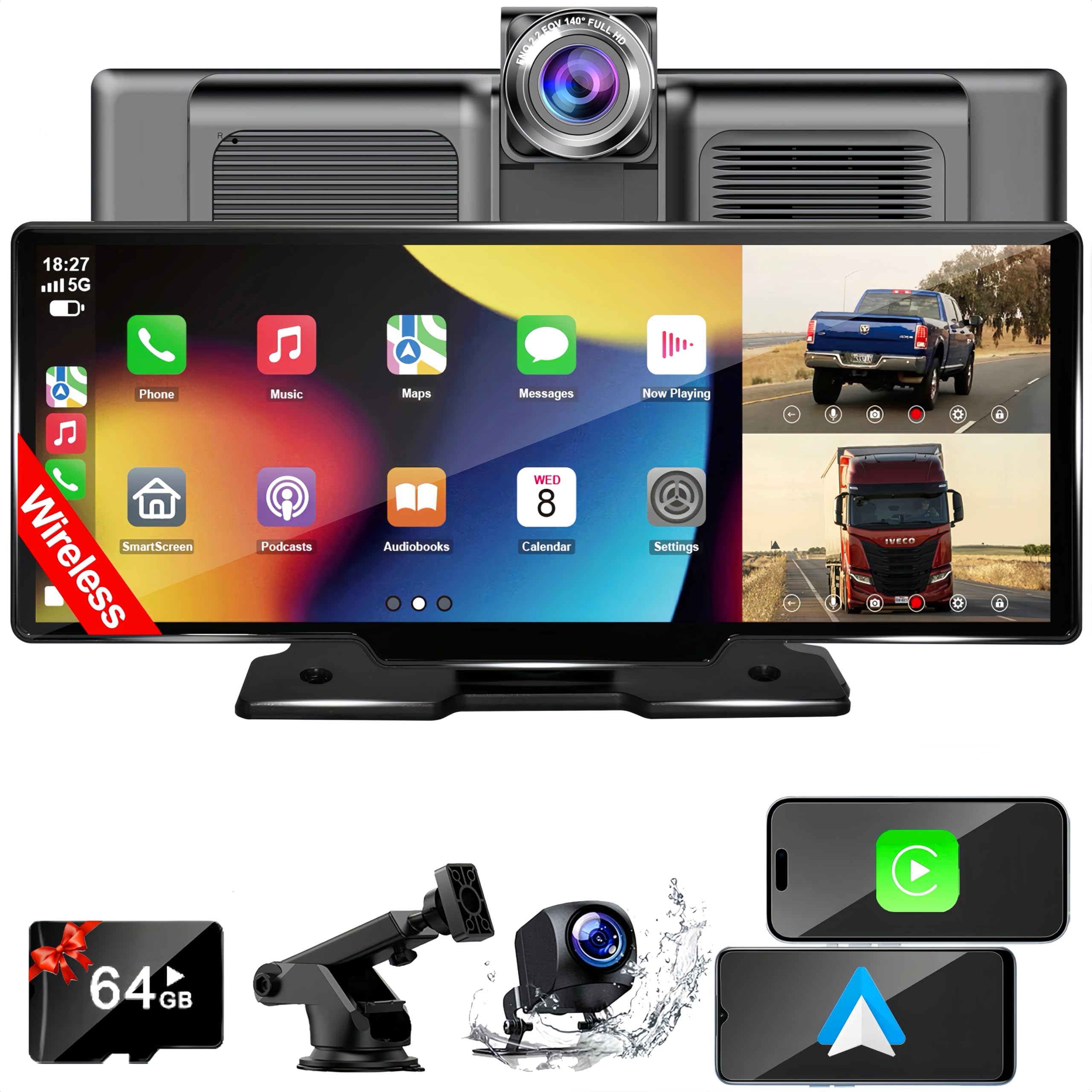 Portable Carplay Screen For Car, 10.26'' Wireless Car Stereo Receiver Apple Carplay & Android Auto With Front Dash Cam/1080P Bac
