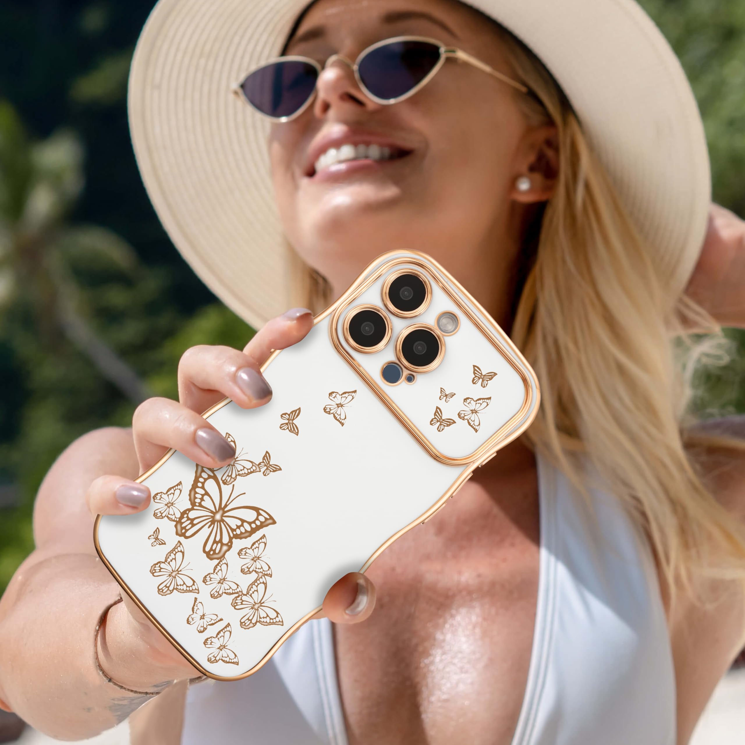 Ztofera For Iphone 13 Pro Max Case For Girl Women, Cute Curly Wave Frame With Luxury Plating Butterfly Pattern, Soft Tpu Shockpr