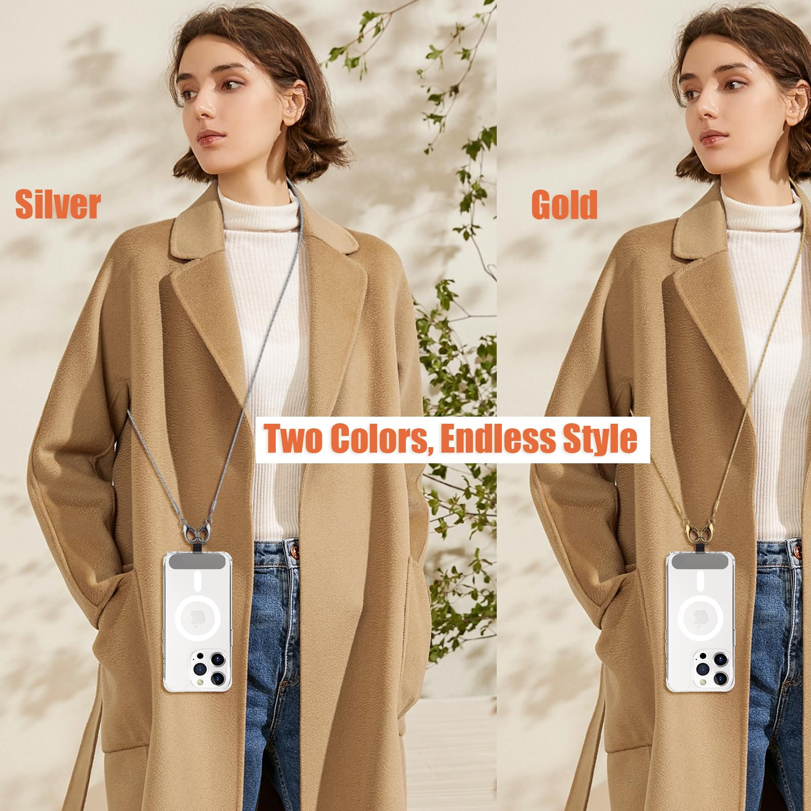 Unnfiko 2Pcs Crossbody Cell Phone Lanyard For Women, Universal Metal Phone Chain Strap Crossbody With Phone Tether Tab (Gold & S