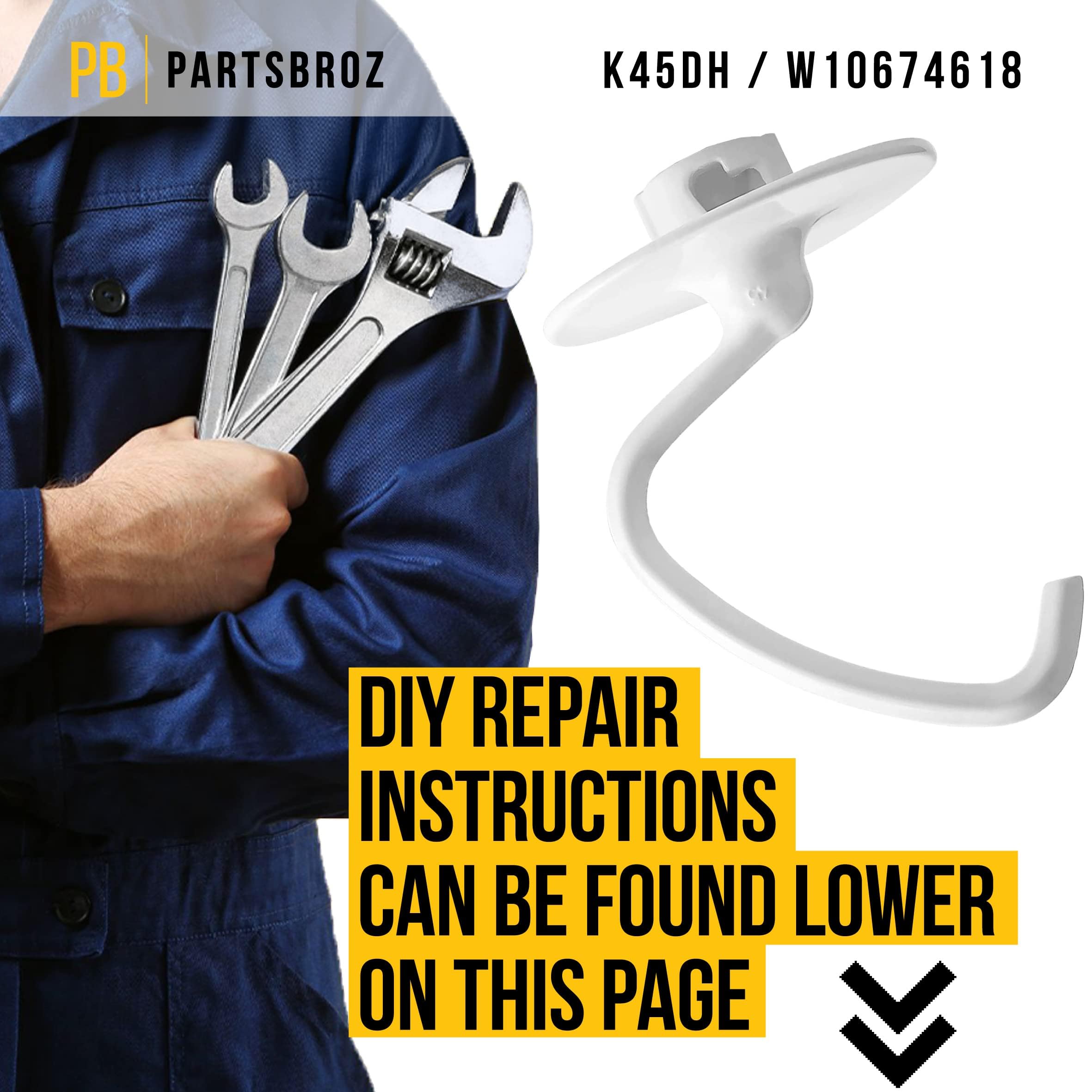 Partsbroz Kitchenaid Dough Hook K45Dh Kitchen Aid Stand Mixer Bread Attachment Ksm90 K45Ss Ksm150 K45Sswh Ksm75 Ksm103 Hookksm90