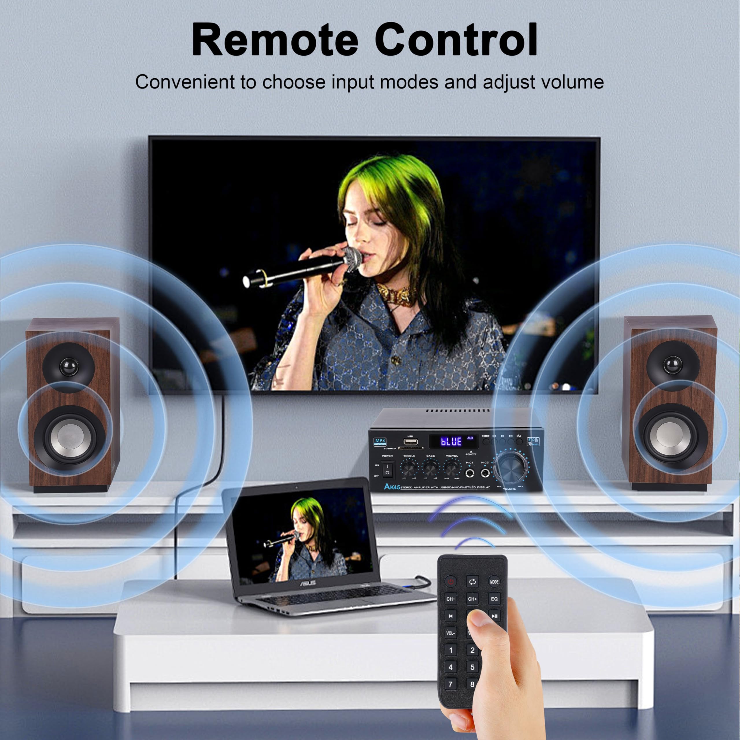 Stereo Audio Ak45 Amplifier,300W Home 2 Channel Wireless Bluetooth 5.0 Power Amplifier System, Home Amplifiers Fm Radio, Usb, Sd