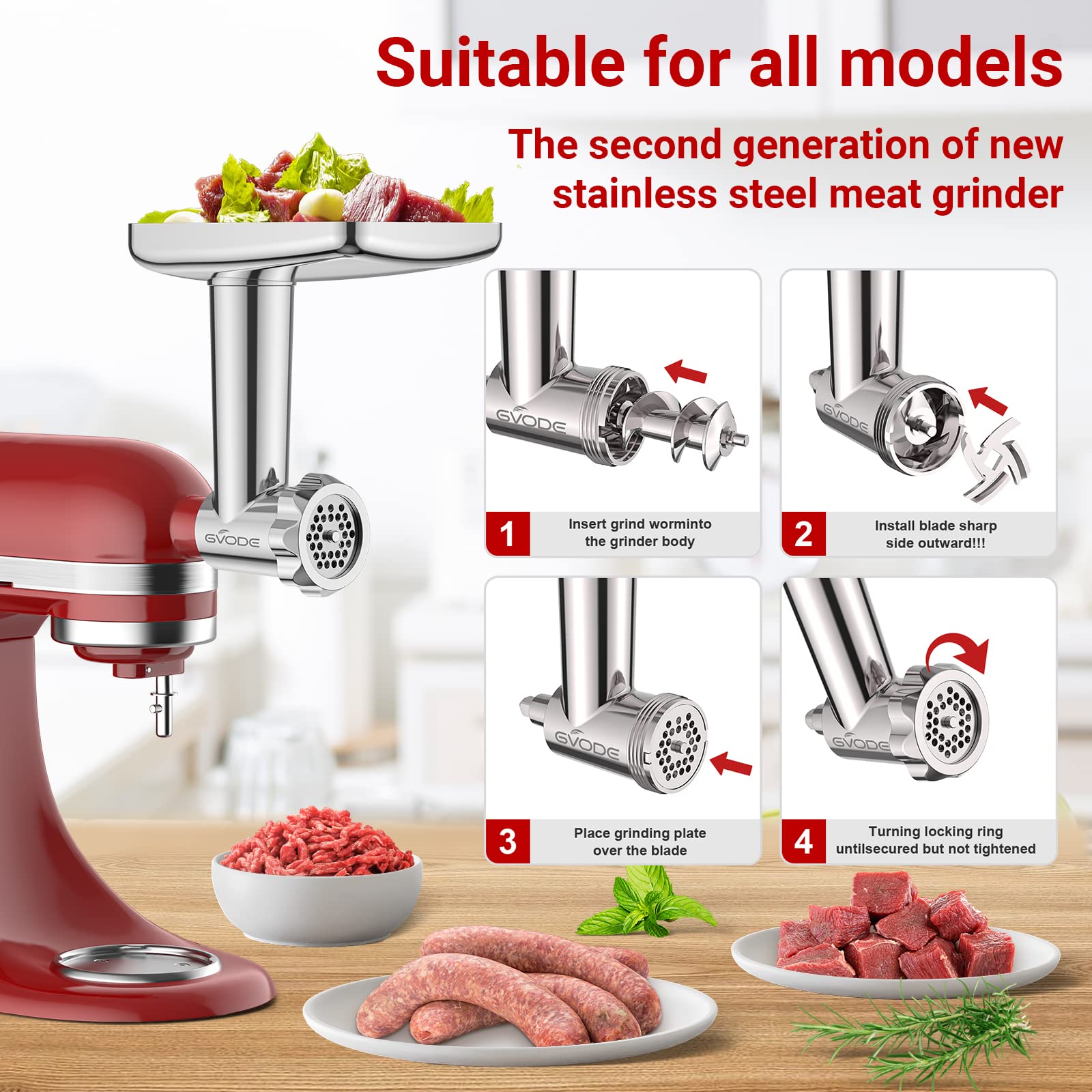 Stainless Steel Meat Grinder For Kitchenaid Mixer, Meat Grinder Sausage Stuffer Machine With 4 Grinding Plates, 3 Sausage Stuffe
