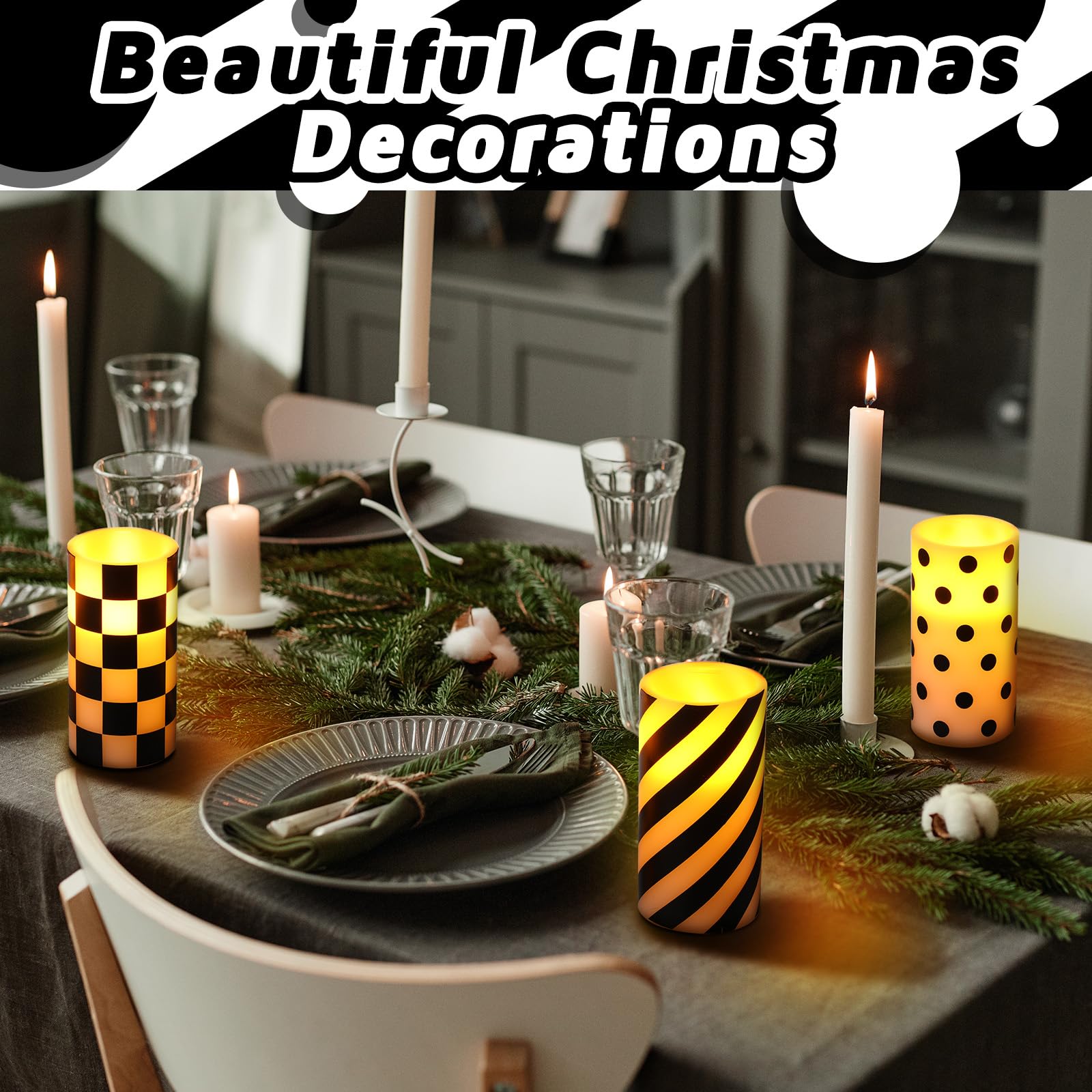 Roceei 3 Pcs Black And White Christmas Flameless Candles Battery Operated Flickering Candles Led Candles Real Wax Pillar Candle