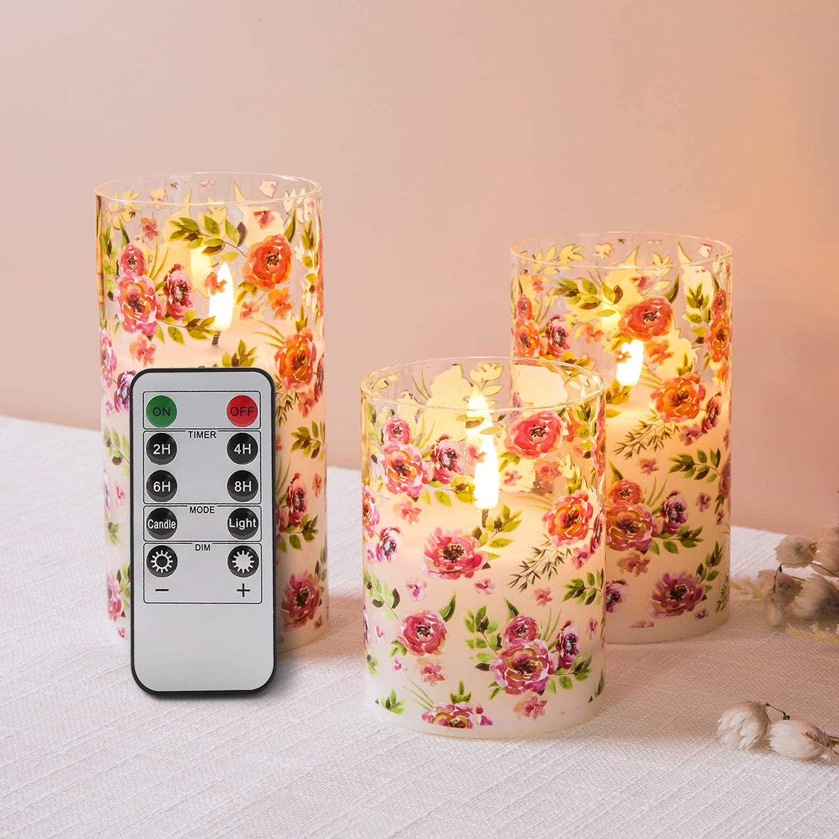 Eywamage Floral Glass Flameless Candles With Remote, Flickering Battery Led Pillar Candles Set Of 3