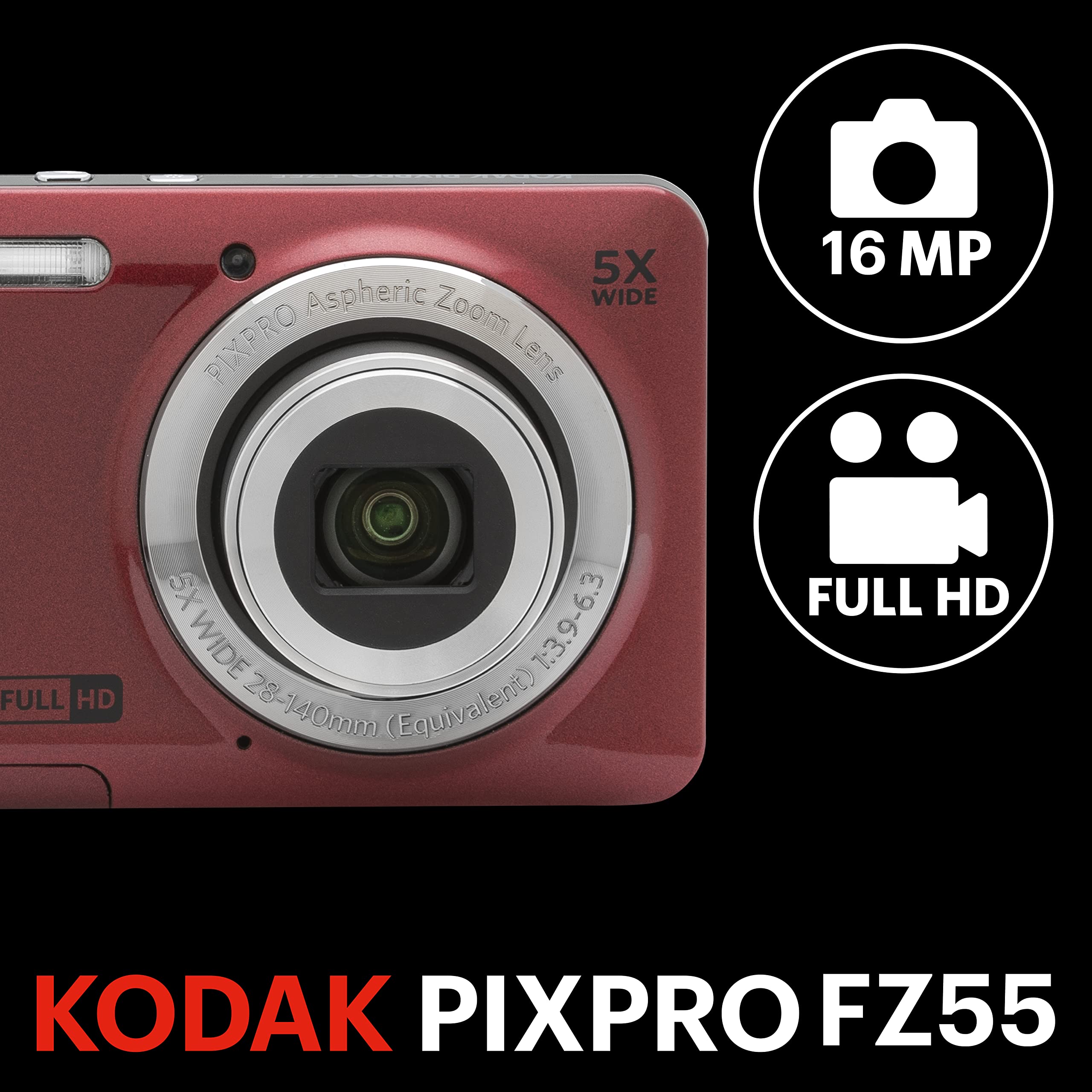 Kodak Pixpro Fz55-Rd 16Mp Digital Camera 5X Optical Zoom 28Mm Wide Angle 1080P Full Hd Video 2.7 Lcd Vlogging Camera (Red) Packa