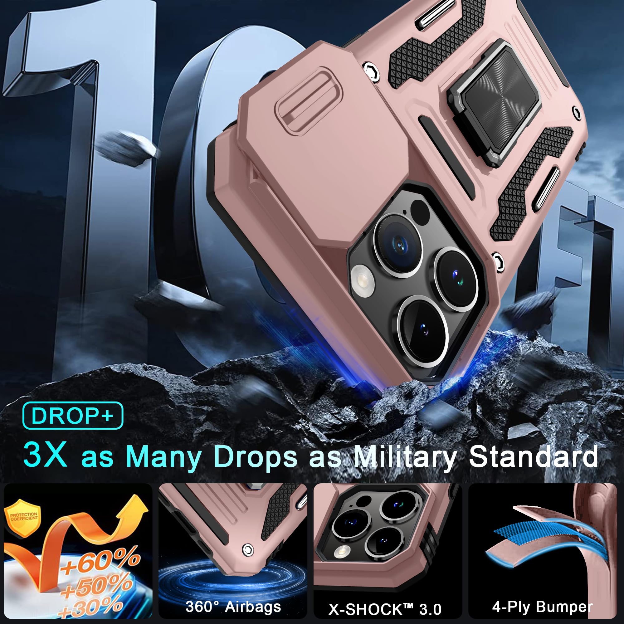 Deerlamn Case For Iphone 15 Pro Max With Slide Camera Cover+Screen Protector(1 Pack), Rotated Ring Kickstand Military Grade Shoc