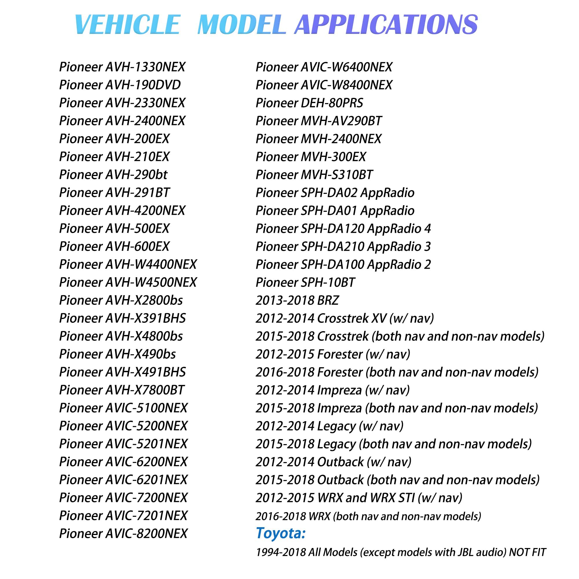 Radio Wiring Harness Pioneer Headunits Compatible With Toyota| Fits For All Non Jbl Toyota And Scion Models 1987 17, Does Not Fi