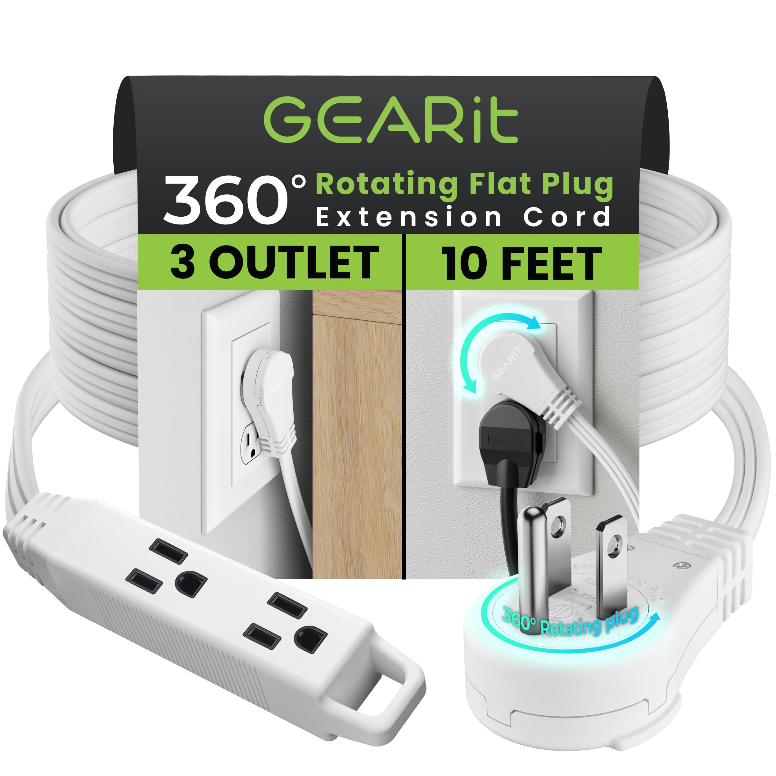 Gearit 360 Rotating Flat Plug Extension Cord (10Ft, White) Multi 3 Outlet Extension 16 Awg Wire, Adapter For Small Spaces, Right
