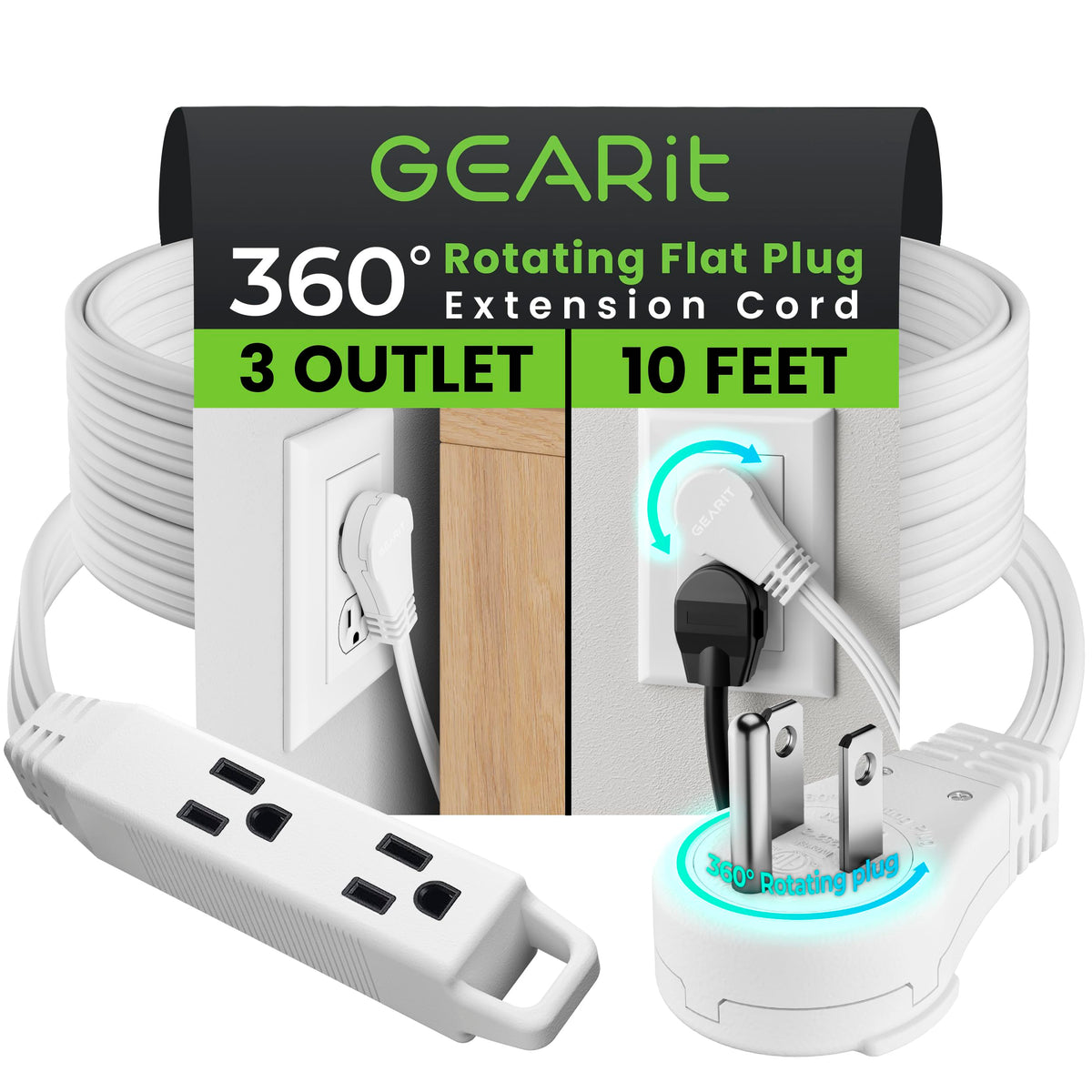 Gearit 360 Rotating Flat Plug Extension Cord (10Ft, White) Multi 3 Outlet Extension 16 Awg Wire, Adapter For Small Spaces, Right