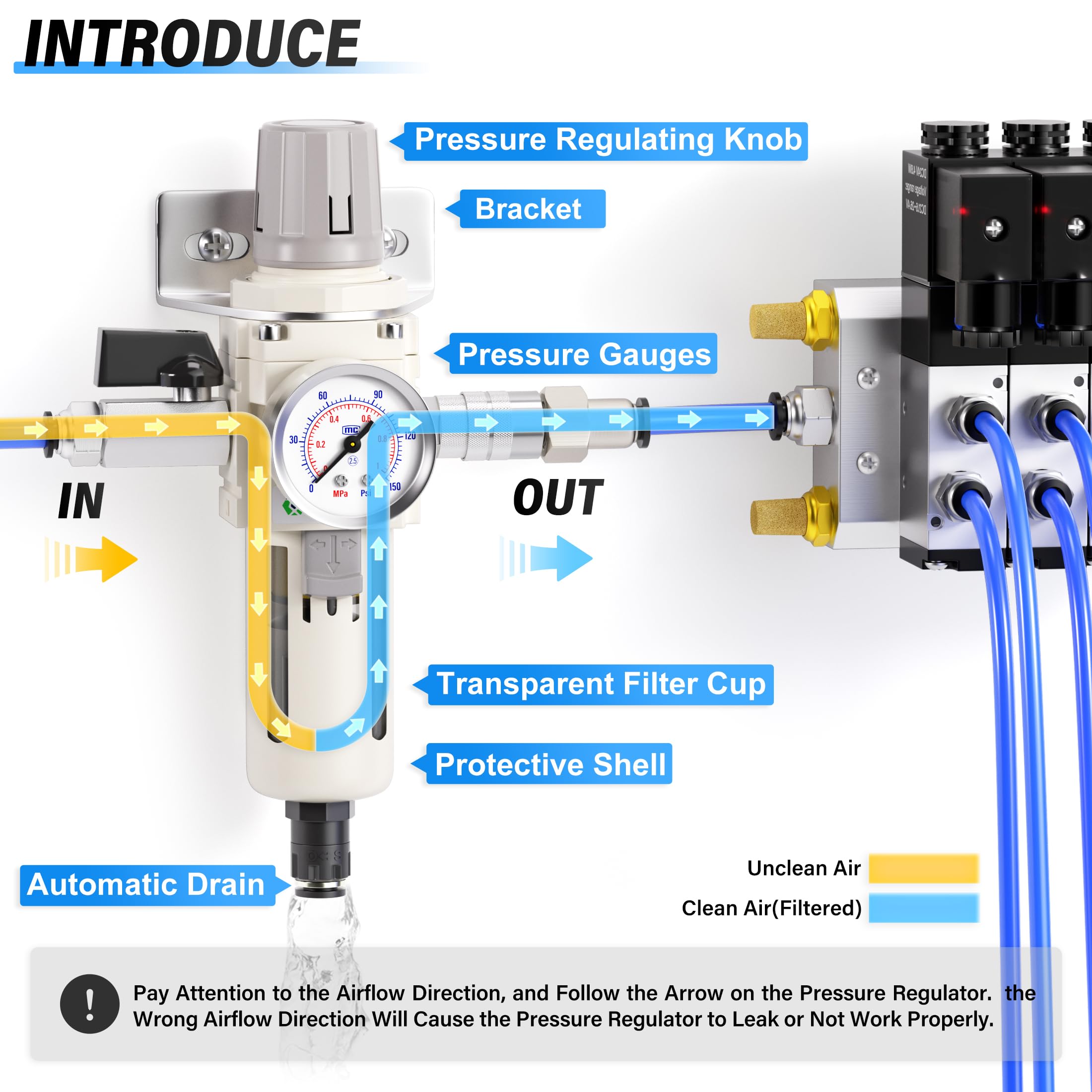 Tailonz Pneumatic 3/8 Inch Npt Automatic Drain Air Filter Pressure Regulator Combo Piggyback, Air Tool Compressor Filter With Ga