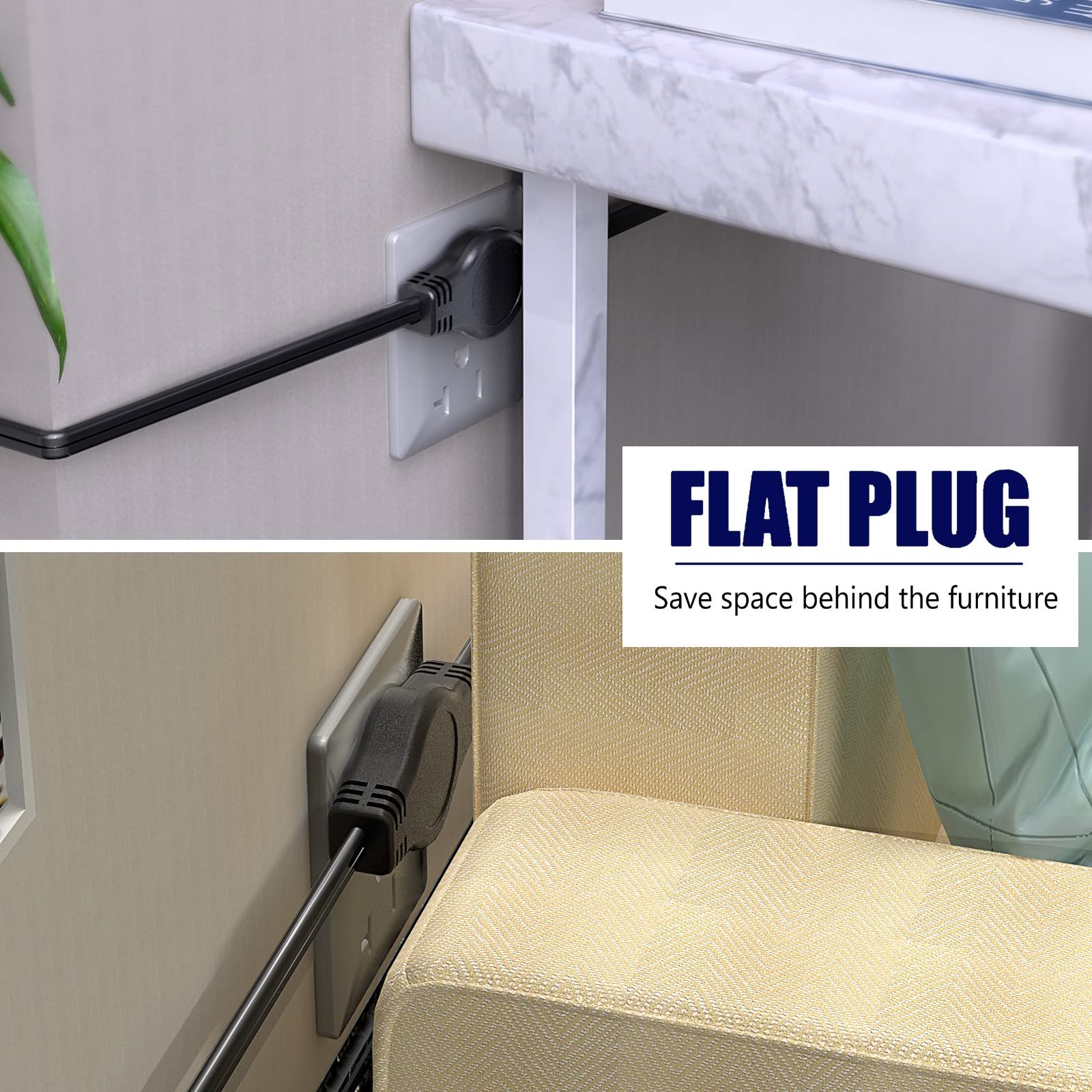 3 Prong 12Ft Twin Extension Cord With 6 Outlets And Safety Covers   Slim Design For Furniture, 12Ft Double Cord 6 Ft Each Side I