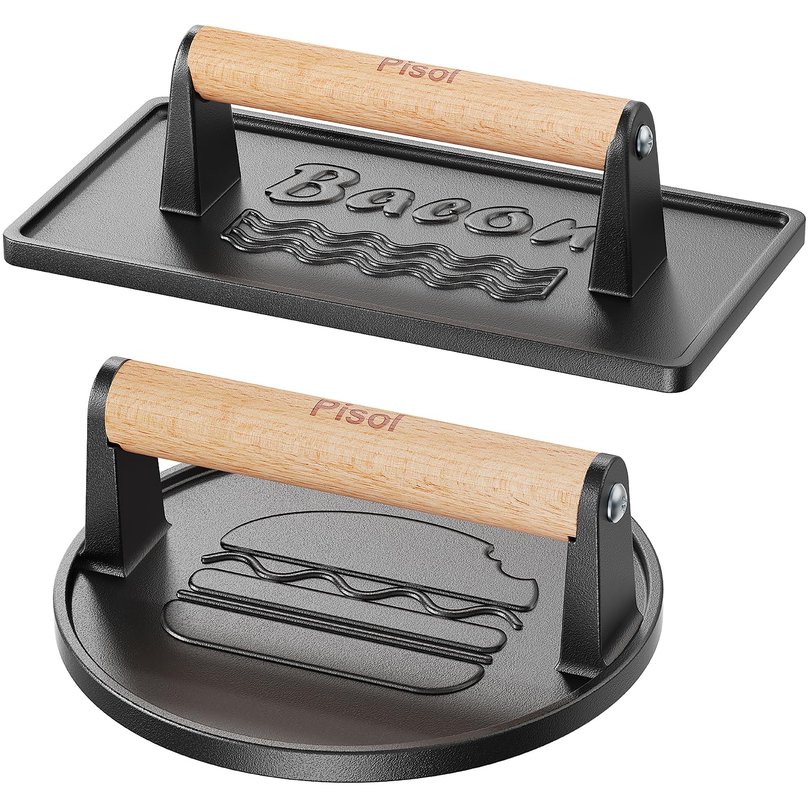 Pisol Smash Burger Press (2PCS), Pre-Seasoned Cast Iron Hamburger Smasher, Heavy-Duty Bacon Grill Press Tool with Wood Handle, (