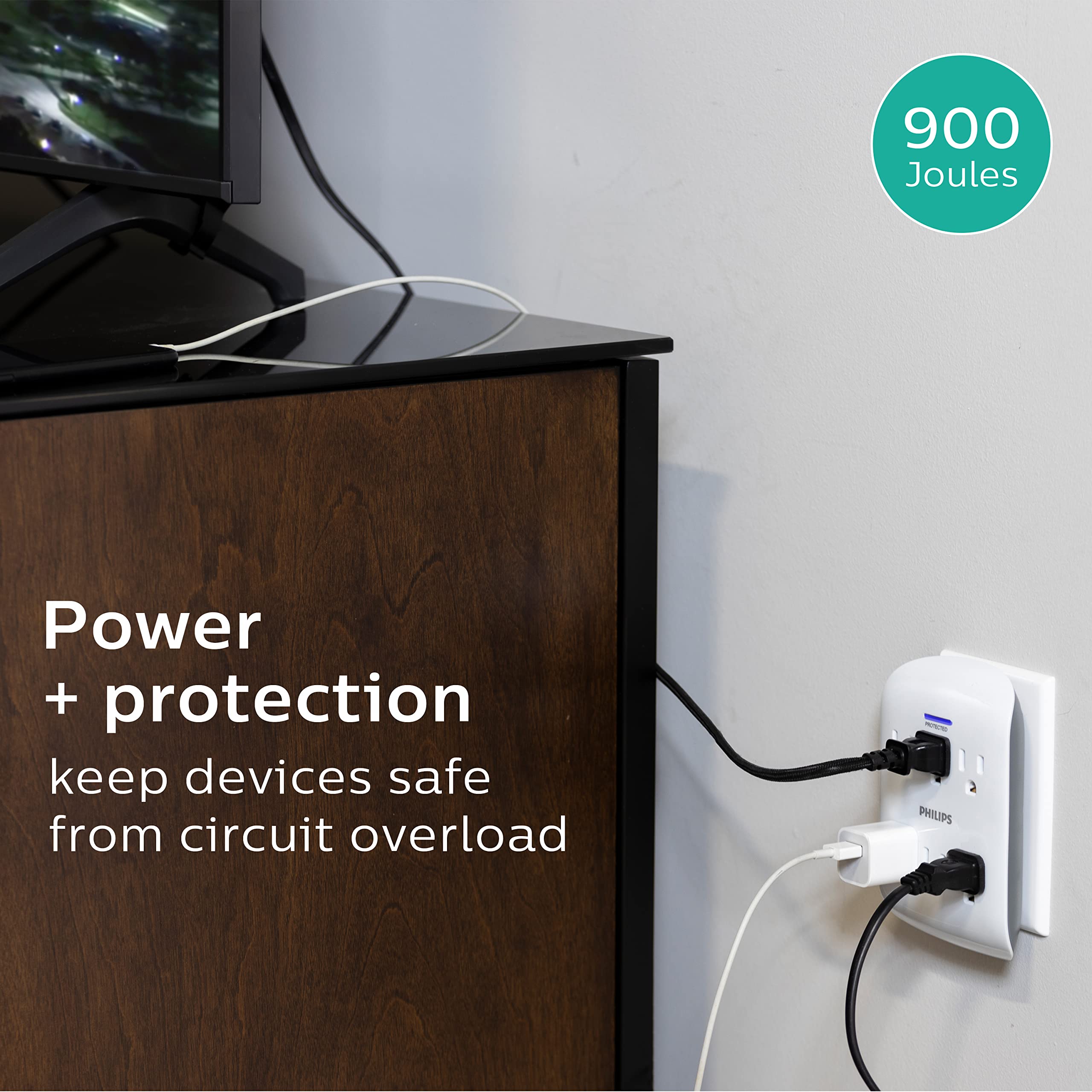 Philips Philips 6 Outlet Extender Surge Protector, 900 Joules, 3 Prong, Space Saving Design, Protected Indicator Led Light, 4 Pa