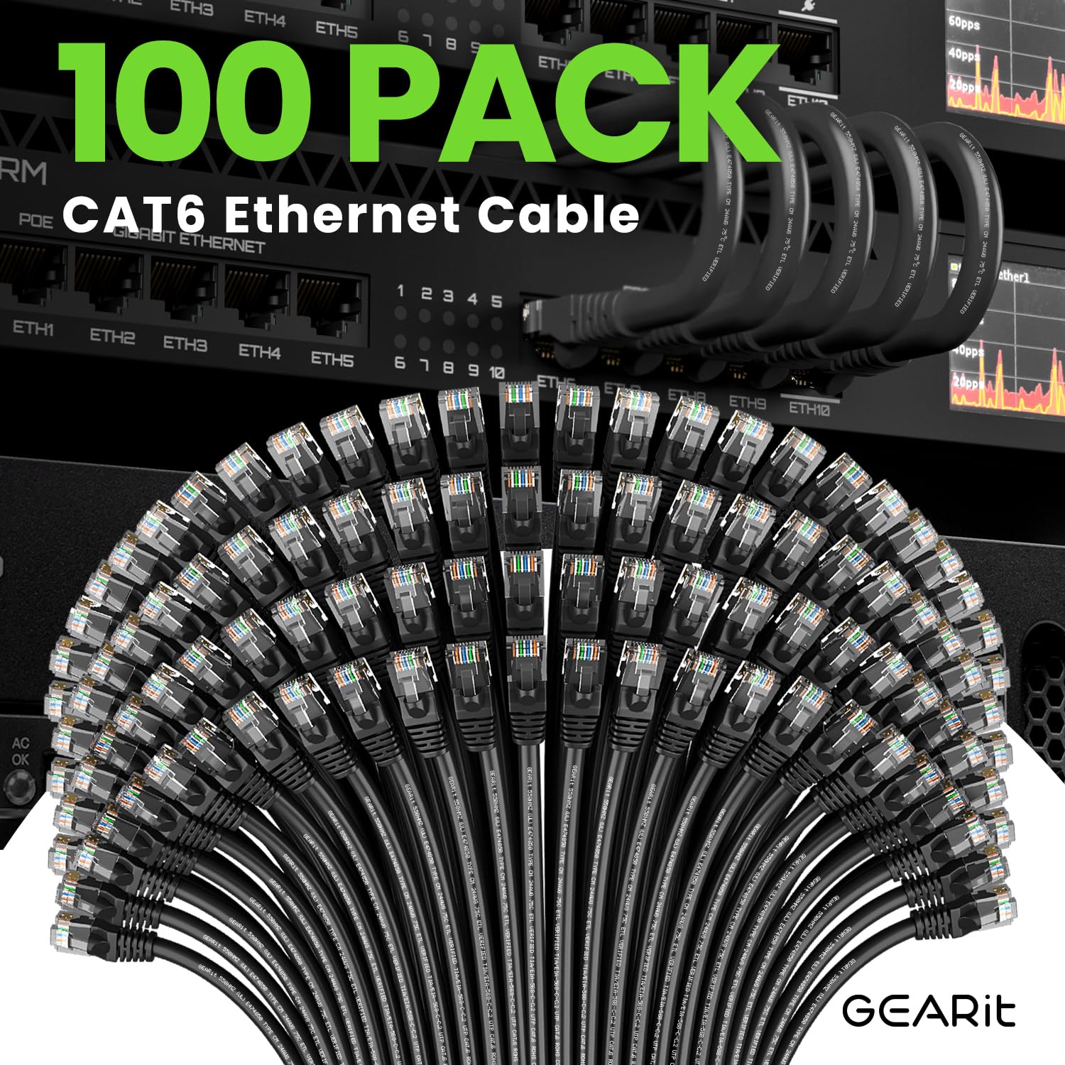 Gearit 100 Pack, Cat 6 Ethernet Cable Cat6 Snagless Patch 2 Feet   Snagless Rj45 Computer Lan Network Cord, Black   Compatible W
