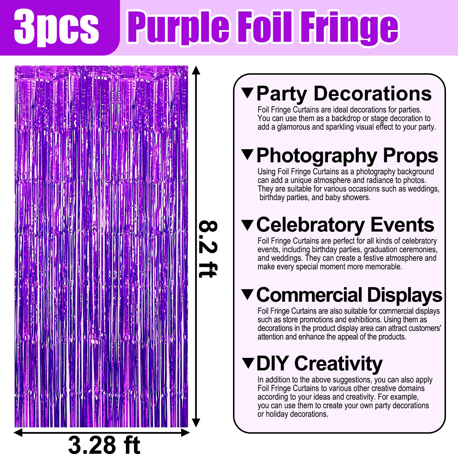 3 Pack Purple Foil Fringe Curtain Backdrop, 3.28Ft X 8.2Ft Metallic Tinsel Foil Fringe Streamer Curtains For Photo Booth, Christ