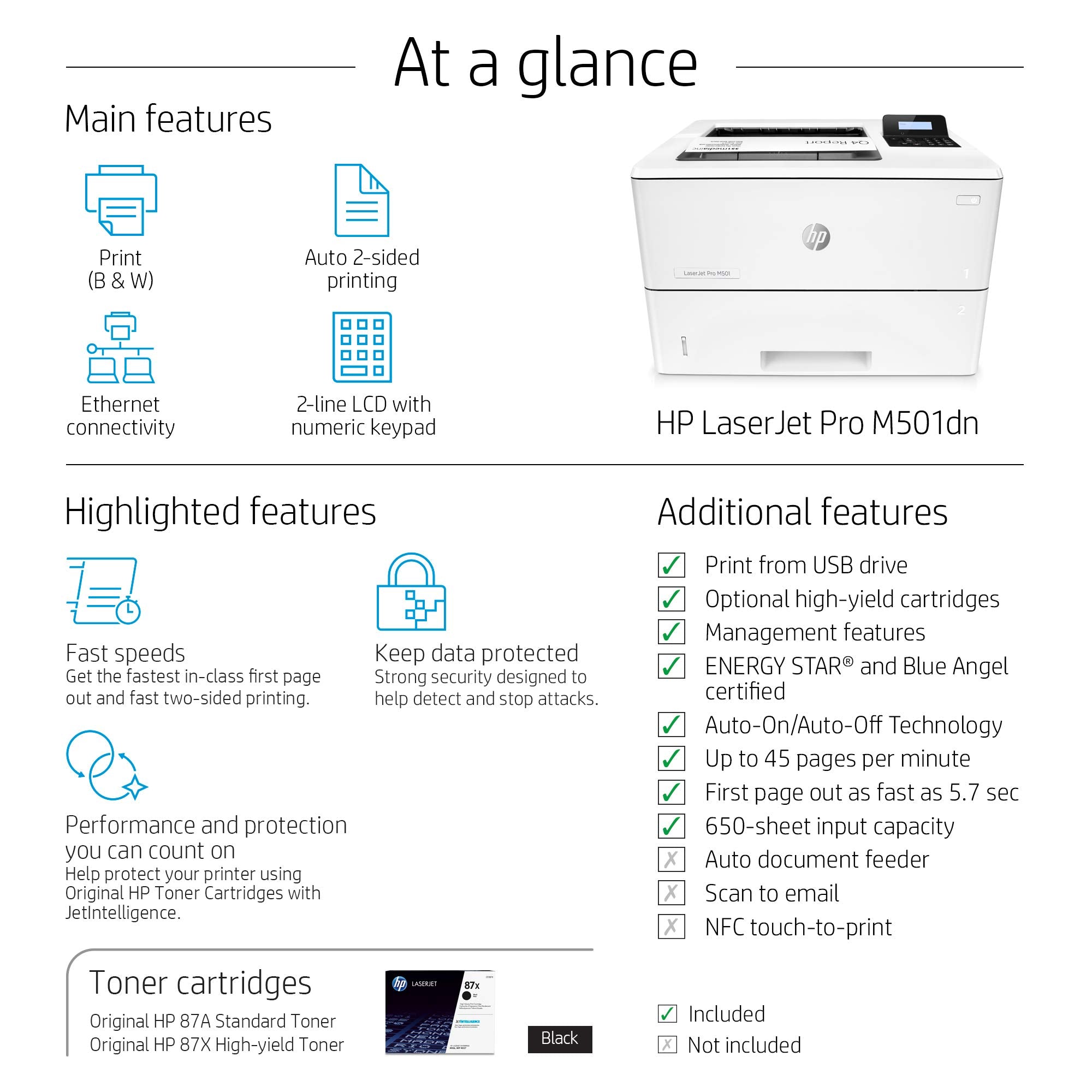 Hp Laserjet Pro M501Dn Monochrome Printer With Built In Ethernet & 2 Sided Printing (J8H61A)