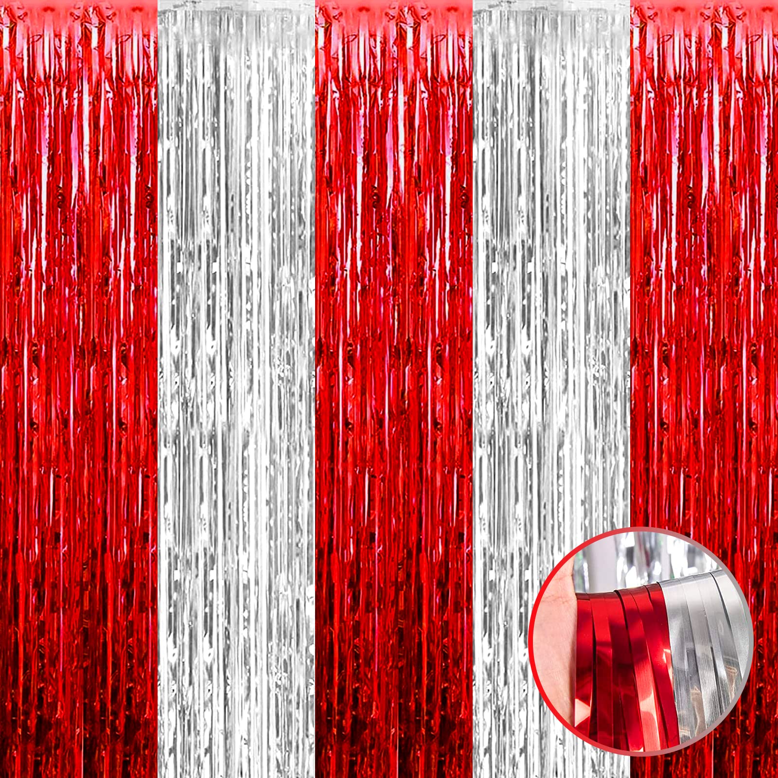 4 Pack Silver Red Foil Fringe Curtain Backdrop, 3.28Ft X 6.56Ft Metallic Tinsel Foil Fringe Streamers Curtains For Photo Booth,