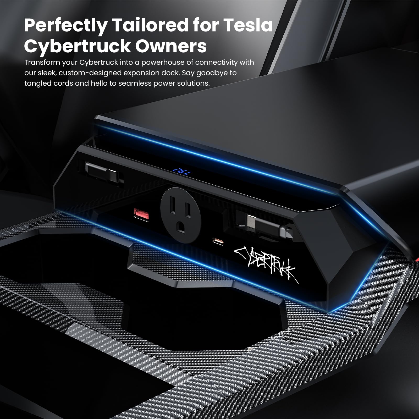 Cybertruck Usb Charger Hub With 110V Ac Outlet & Retractable Cables - Seamless Integration, 30W Pd/Qc3.0 Fast Phone Charge, Cent