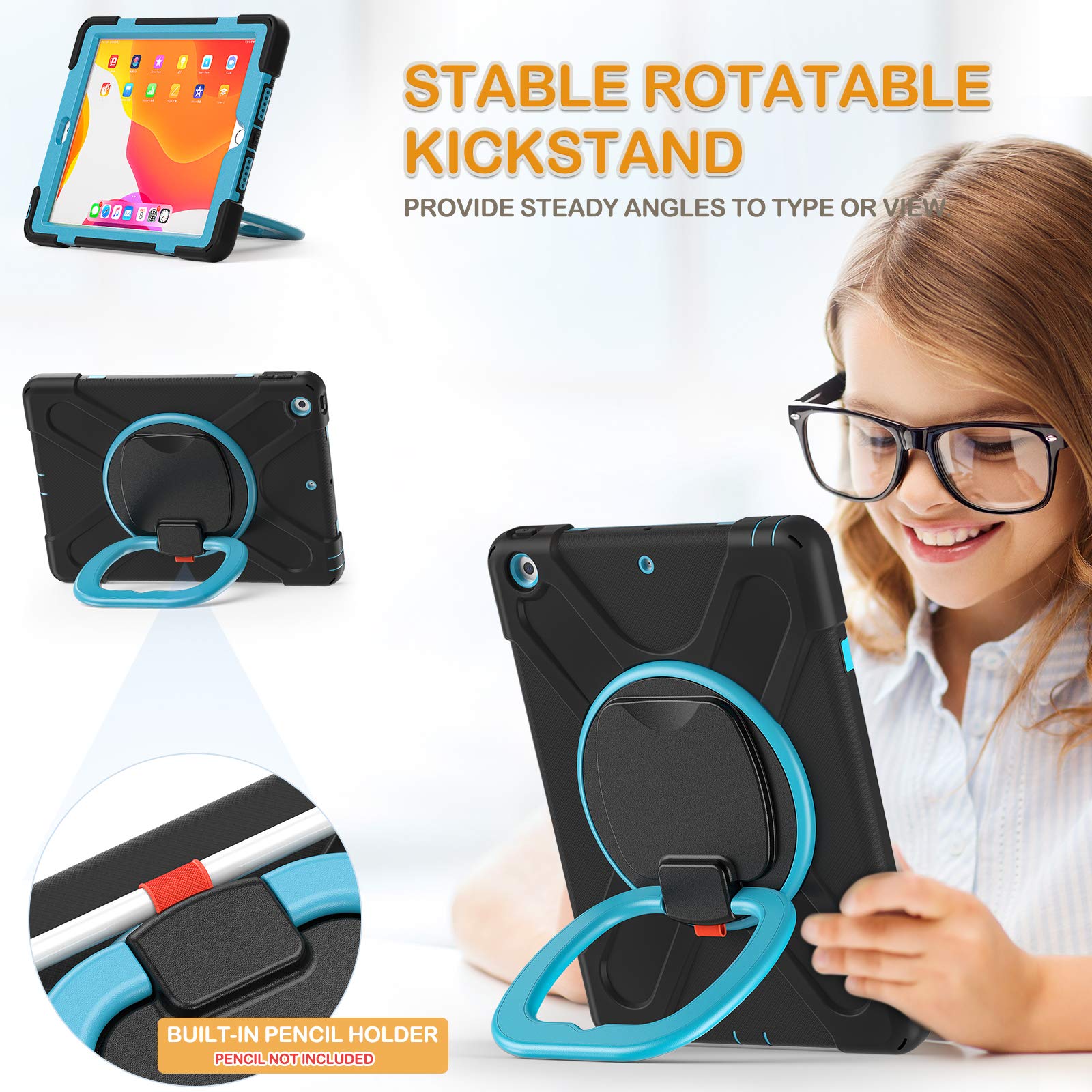 Braecn Case For Ipad 9/8/7 Generation,Hybrid Shockproof Case With Pencil/Pencil Cap Holder, Handle Grip, Kickstand, Strap, Scree