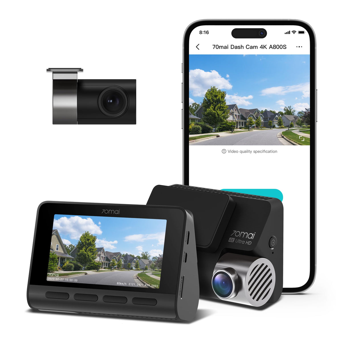 70Mai True 4K Dash Cam A800S With Sony Imx415, Front And Rear, Built In Gps, Super Night Vision, 3'' Ips Lcd, Parking Mode, Adas
