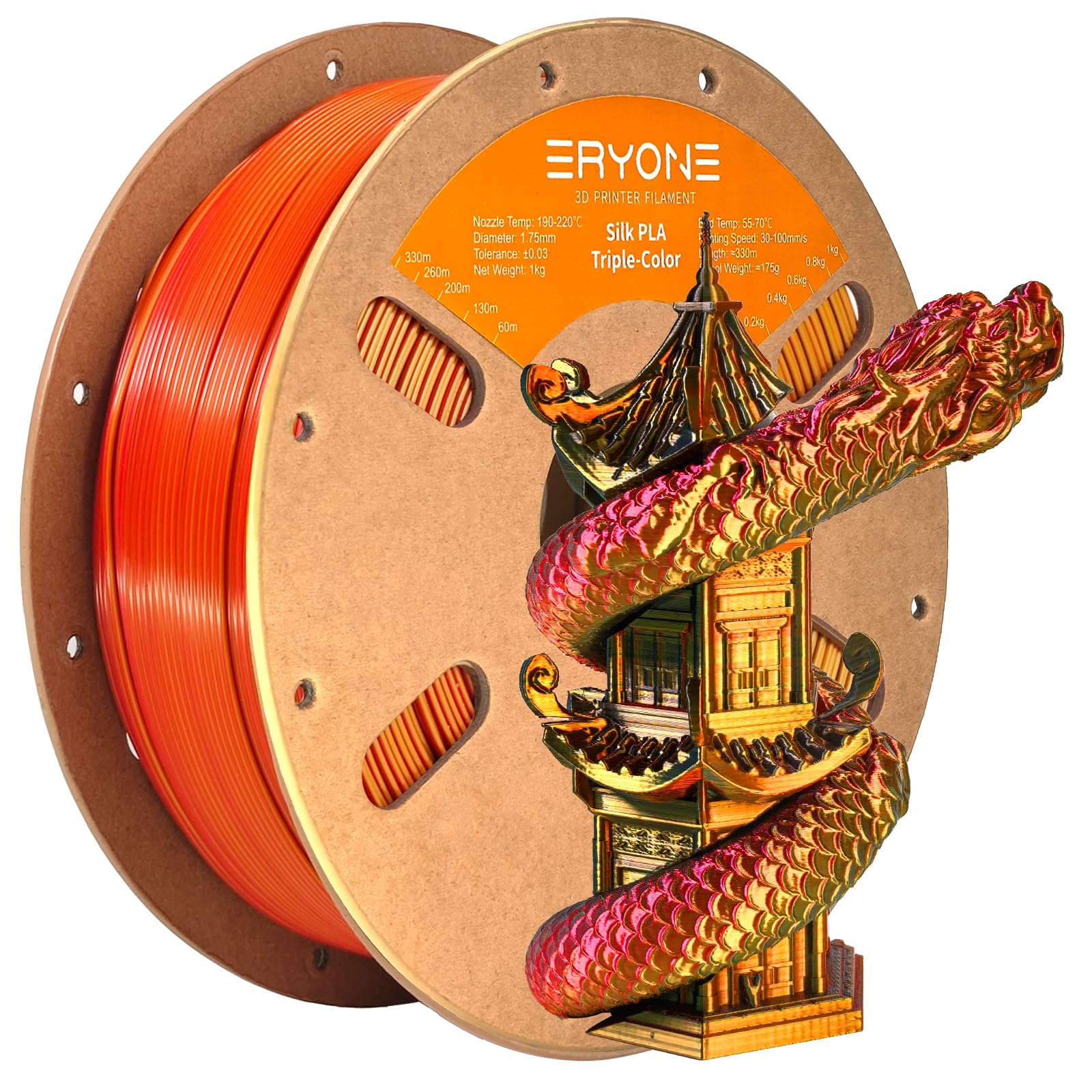 Eryone Silk Tri Color Coextrusion Pla Filament,3D Printer 1.75Mm,+/ 0.03Mm, Triple Color Filament 1Kg(2.2Lbs), Silk Red Gold Bla
