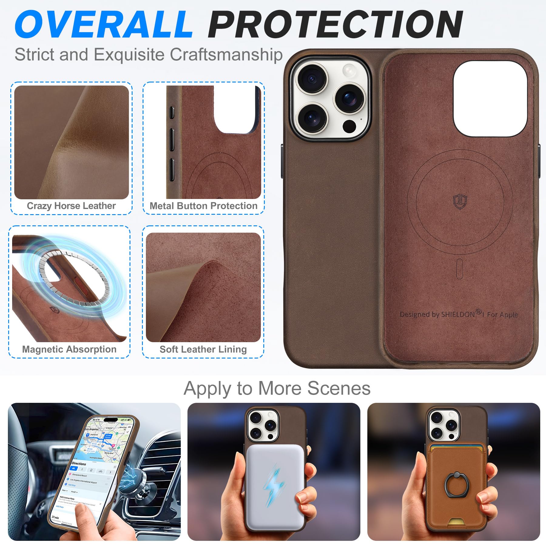 Shieldon Case For Iphone 16 Pro 6.3'', Top Grain Crazy Horse Leather Magnetic Wireless Charging Anti-Scratch Non-Slip Protective